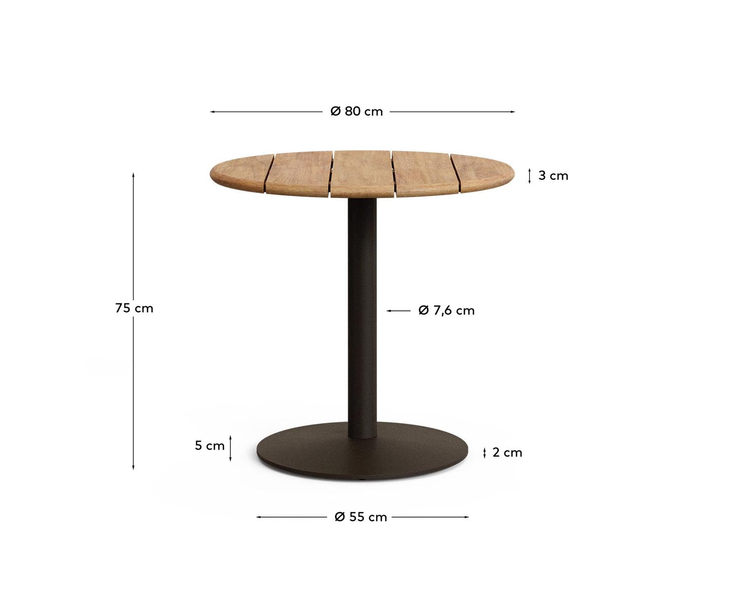 Erleben Sie den runden Outdoor-Tisch Esilda von Kave Home, Ø 80 cm, mit FSC-zertifizierter Akazienholzplatte und robustem Stahlfuß für jeden Außenbereich.