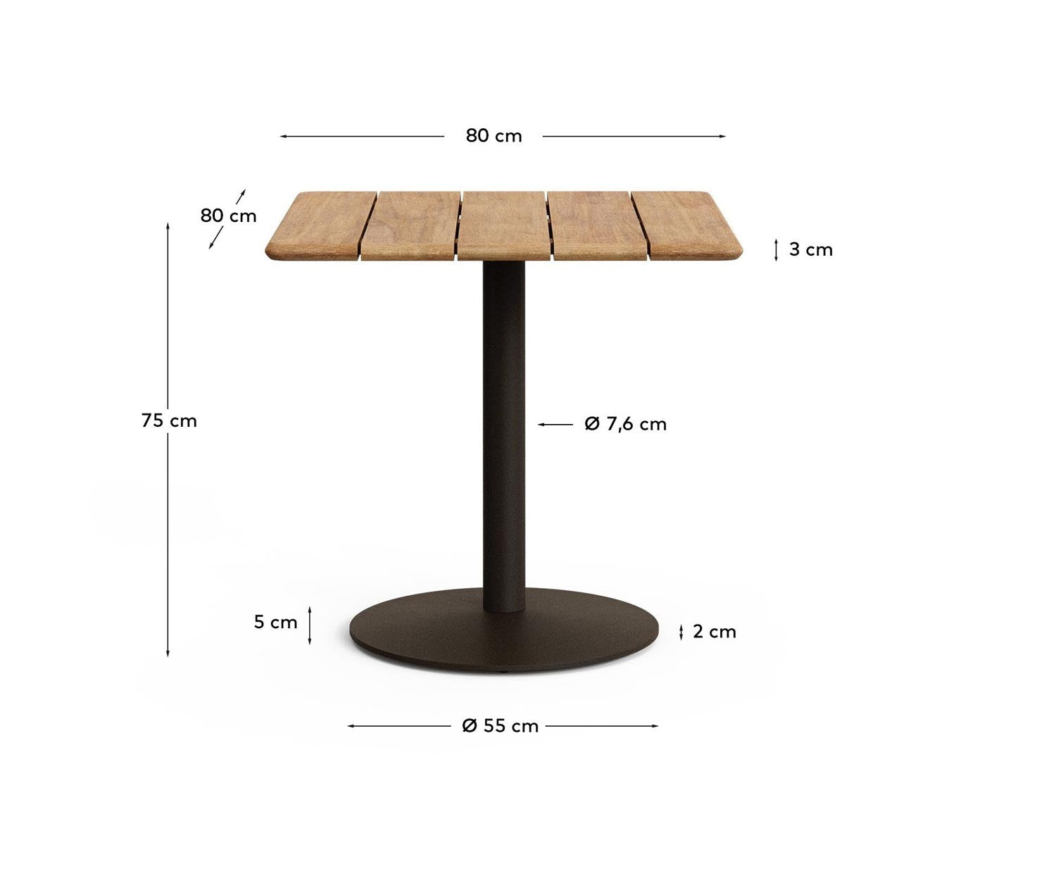 Entdecken Sie den stilvollen Outdoor-Tisch Esilda von Kave Home: FSC-zertifiziertes Akazienholz trifft auf robusten Stahl für langlebige Eleganz.