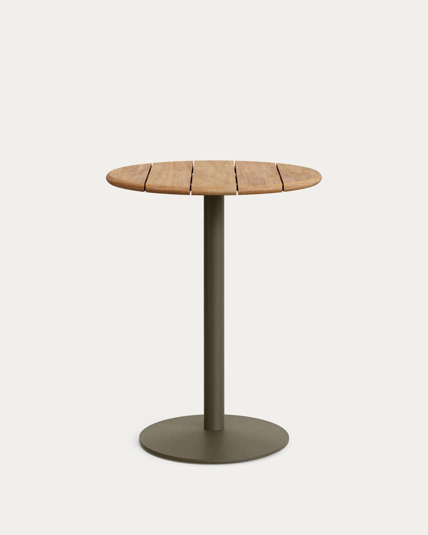 Hoher, runder Outdoor-Tisch Esilda mit Tischplatte aus Akazienholz FSC 100 % Ø 80 cm und grünem Stahlfuß Ø 55 x 96 cm in Khaki präsentiert im Onlineshop von KAQTU Design AG. Hochtisch Outdoor ist von Kave Home
