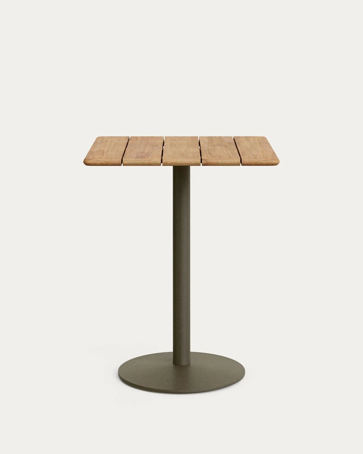 Hoher Outdoor-Tisch Esilda mit Tischplatte aus Akazienholz FSC 100 % 80 x 80 cm und grünem Stahlfuß Ø 55 x 96 cm in Khaki präsentiert im Onlineshop von KAQTU Design AG. Hochtisch Outdoor ist von Kave Home