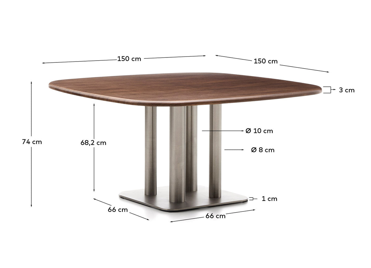 Tisch Melvar aus Nussbaumfurnier und Beine mit gebürsteter Edelstahlbasis 150 x 150 cm in Dunkelbraun präsentiert im Onlineshop von KAQTU Design AG. Esstisch ist von Kave Home
