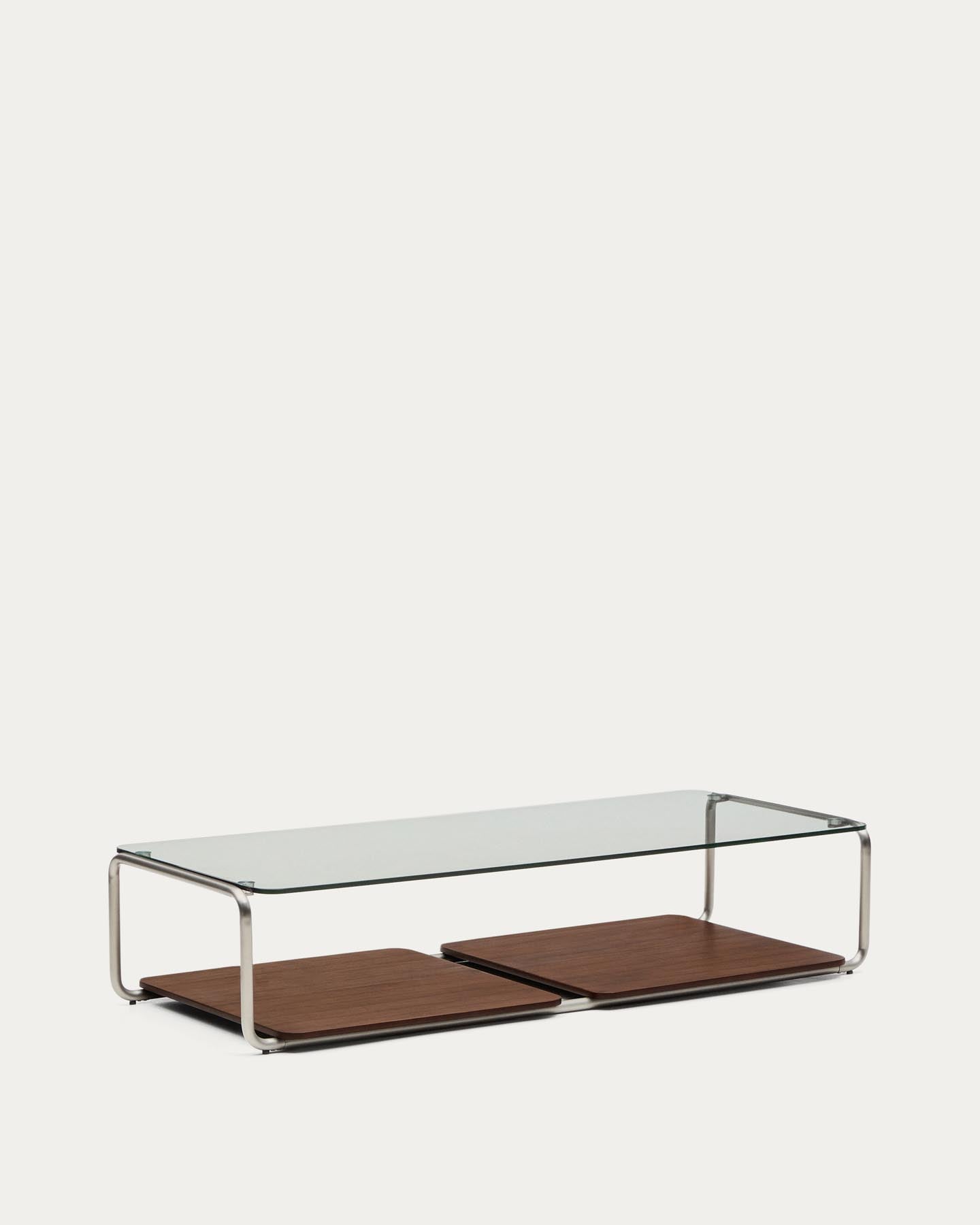 Couchtisch Tarsel aus gehärtetem Glas sowie Platte aus Nussbaumfurnier mit Gestell aus gebürstetem Edelstahl 140 x 60 cm in Dunkelbraun präsentiert im Onlineshop von KAQTU Design AG. Couchtisch ist von Kave Home