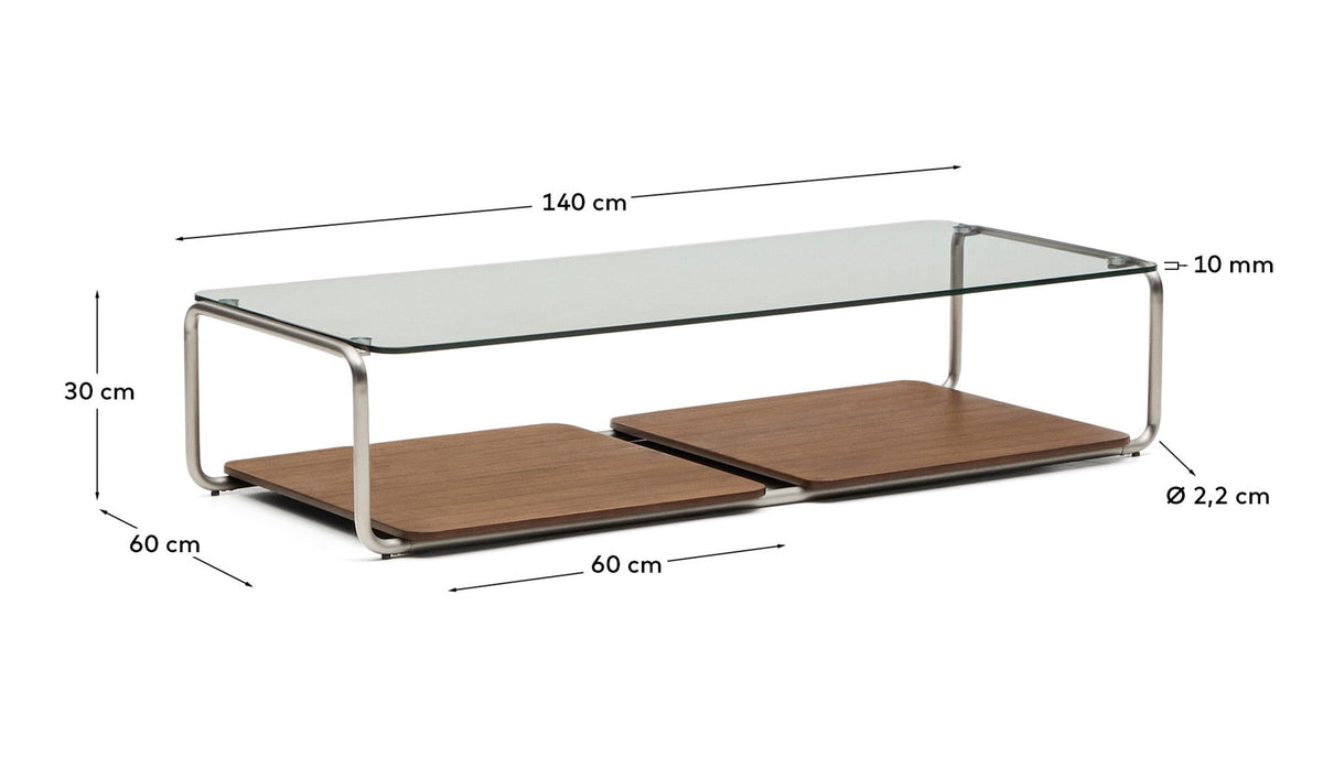 Couchtisch Tarsel aus gehärtetem Glas sowie Platte aus Nussbaumfurnier mit Gestell aus gebürstetem Edelstahl 140 x 60 cm in Dunkelbraun präsentiert im Onlineshop von KAQTU Design AG. Couchtisch ist von Kave Home