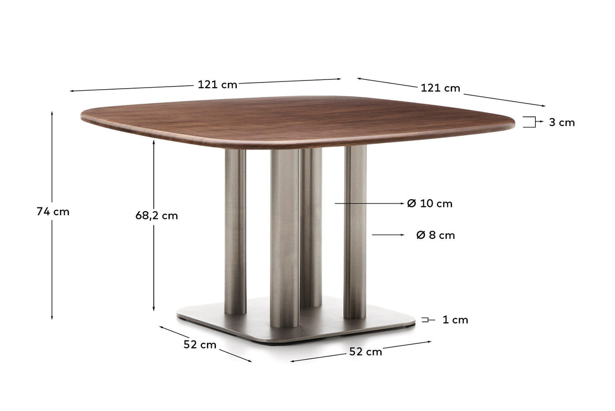 Tisch Melvar aus Nussbaumfurnier und Beine mit gebürsteter Edelstahlbasis 121 x 121 cm in Dunkelbraun präsentiert im Onlineshop von KAQTU Design AG. Esstisch ist von Kave Home