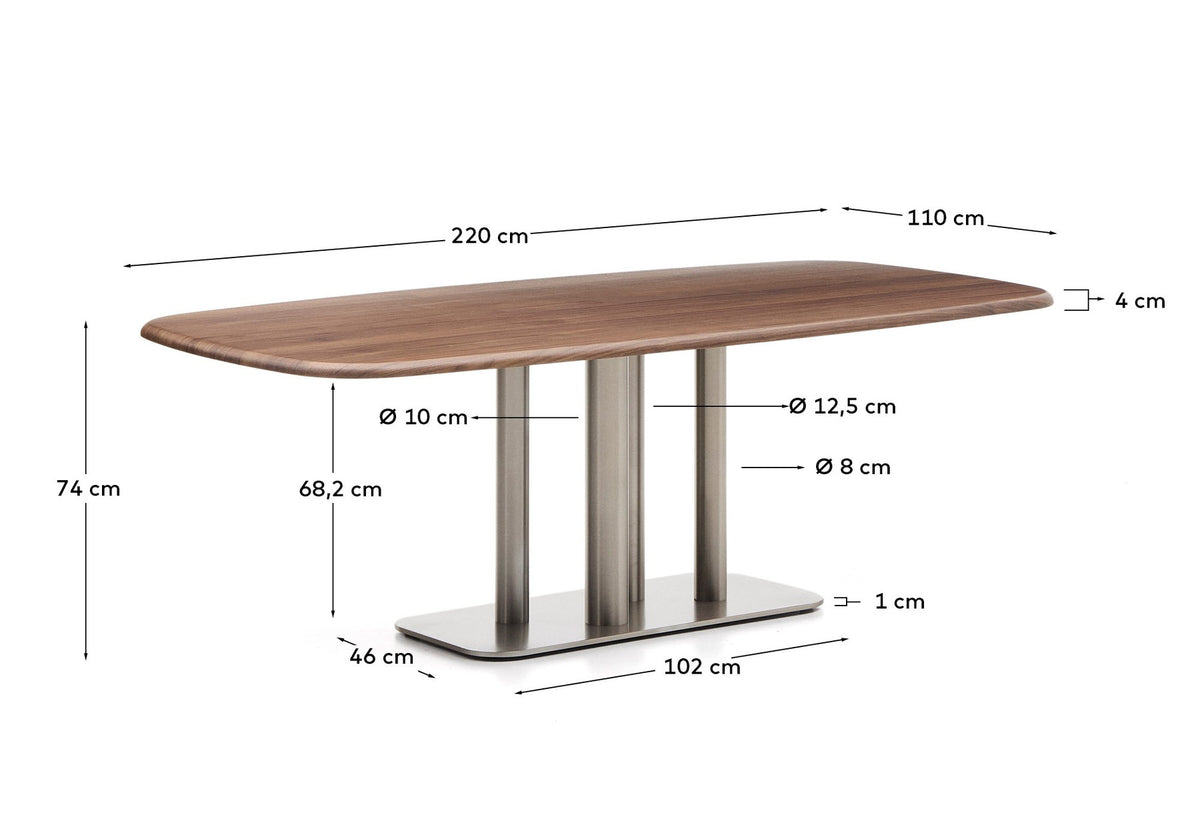 Tisch Melvar aus Nussbaumfurnier und Beine mit gebürsteter Edelstahlbasis 220 x 110 cm in Dunkelbraun präsentiert im Onlineshop von KAQTU Design AG. Esstisch ist von Kave Home