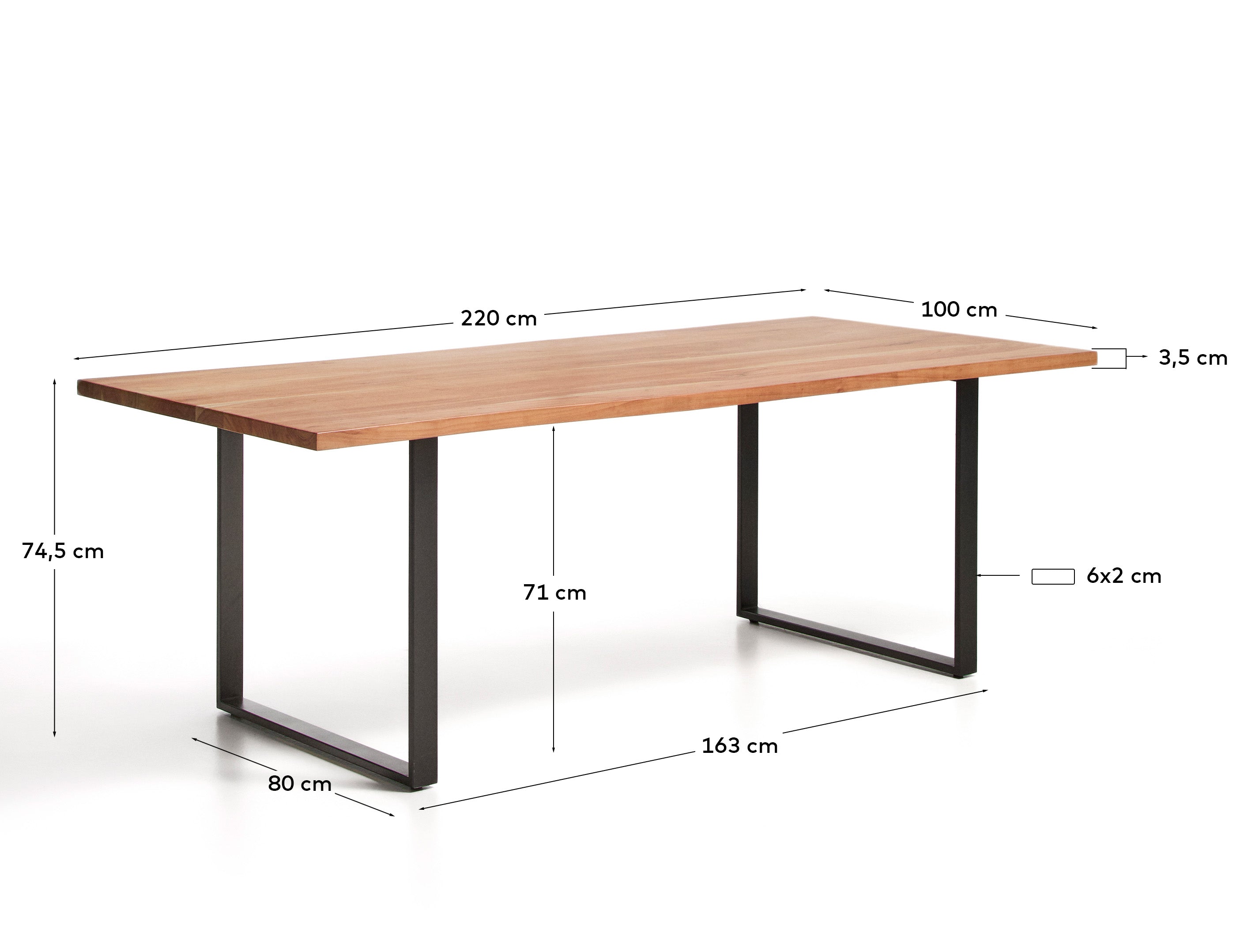 Tisch Uxue aus massivem Akazienholz mit Beinen aus schwarzem Stahl 220 x 100 cm in Natur präsentiert im Onlineshop von KAQTU Design AG. Esstisch ist von Kave Home