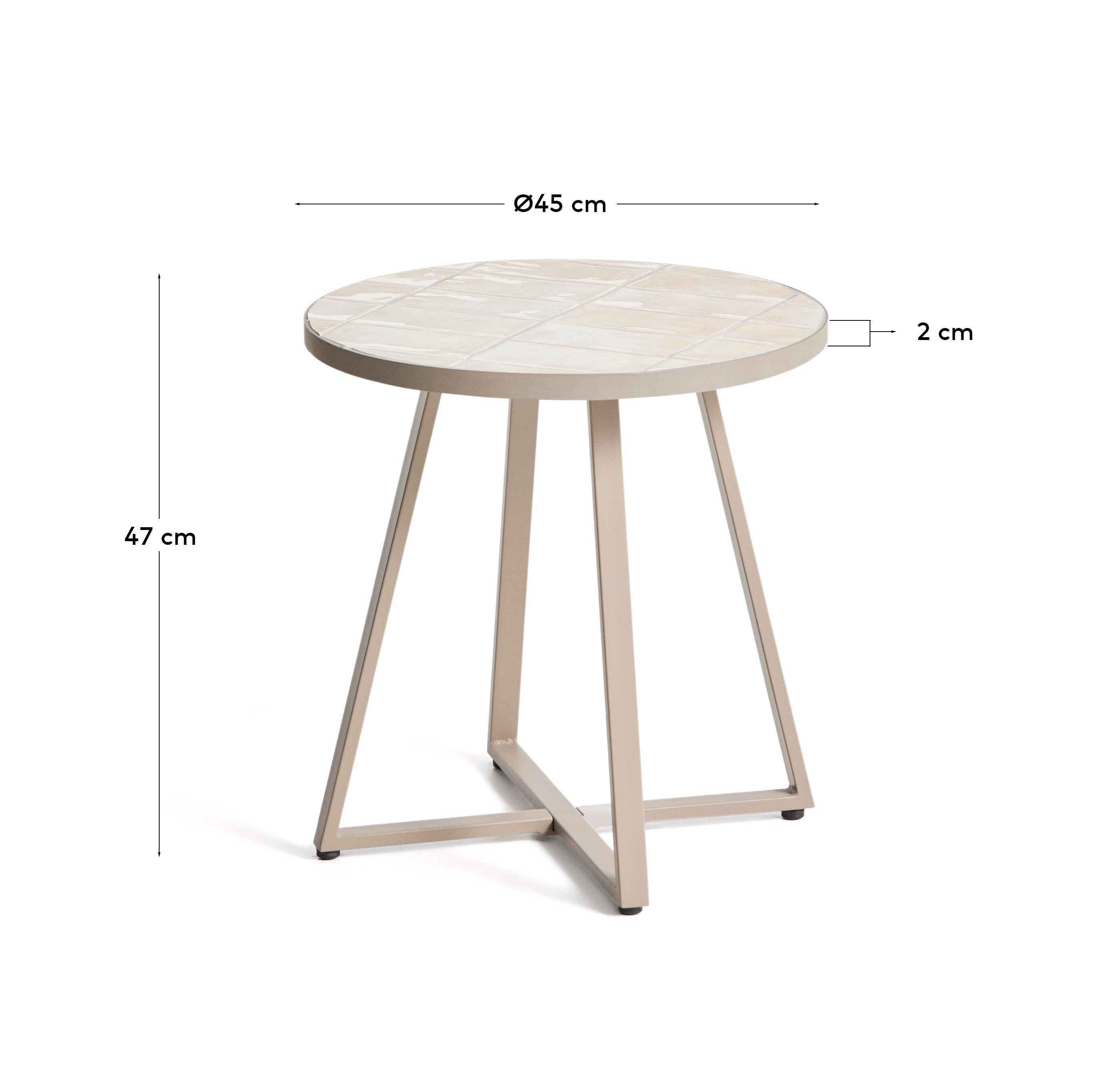 Runder Beistelltisch Tella aus verzinktem Stahl mit beigen Fliesen Ø45 cm in Ecru präsentiert im Onlineshop von KAQTU Design AG. Beistelltisch Outdoor ist von Kave Home