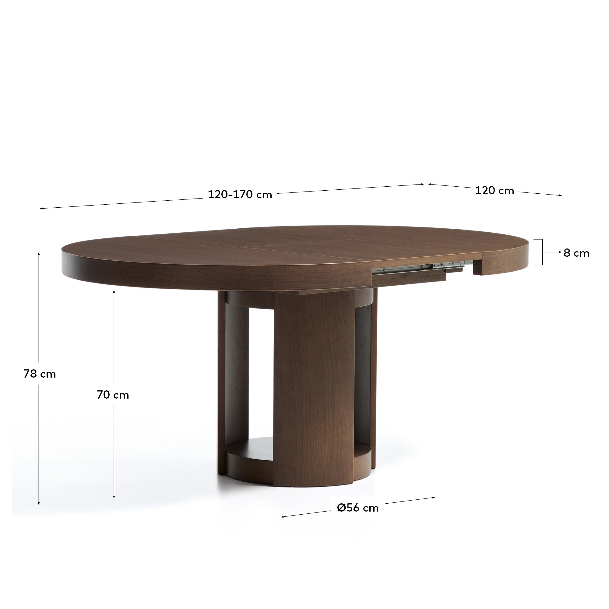 Artis ausziehbarer runder Tisch aus Massivholz und Eichenfurnier mit Walnuss-Finish, FSC 100%, 120 (170) x 80 cm in Dunkelbraun präsentiert im Onlineshop von KAQTU Design AG. Esstisch ist von Kave Home