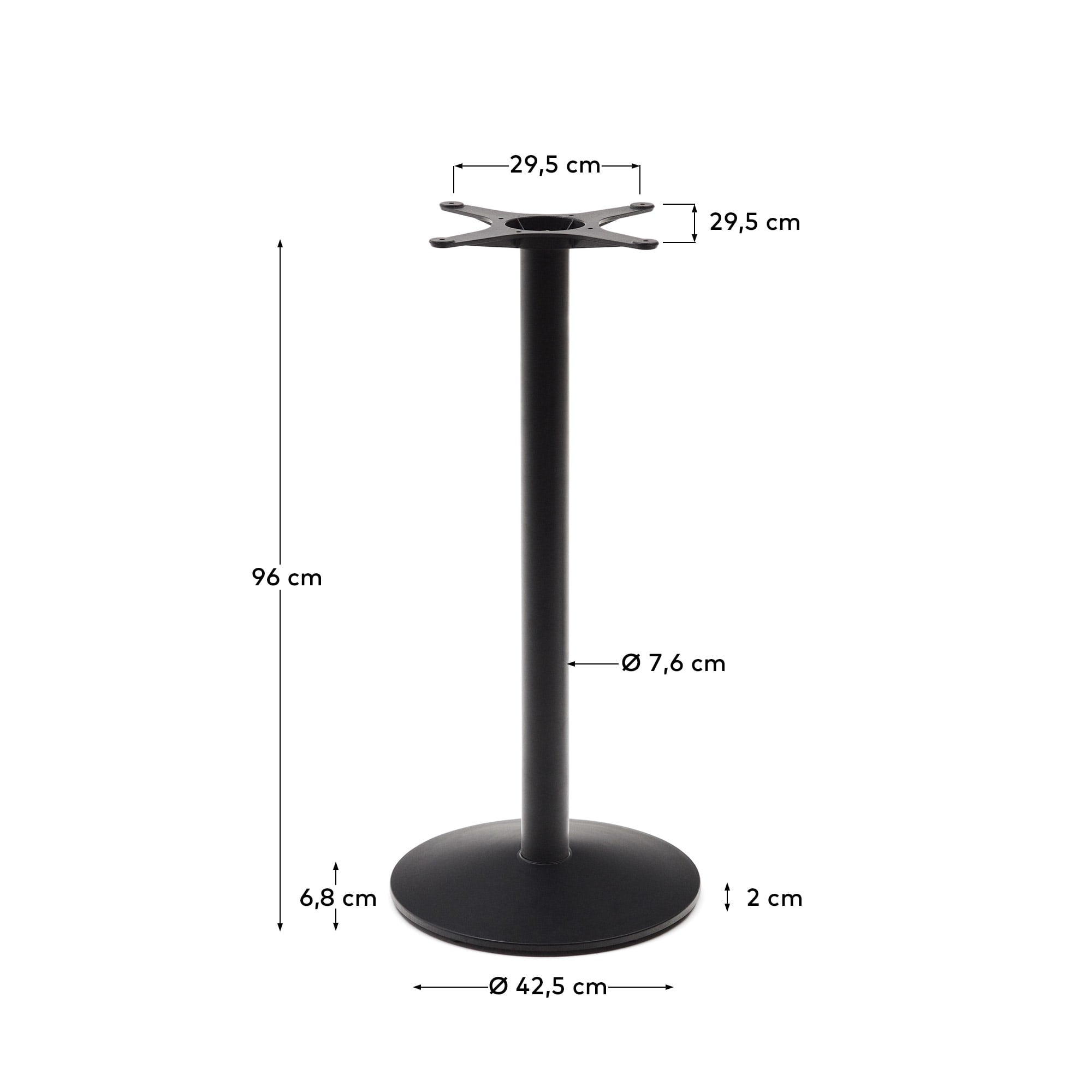 Elegantes, hohes Stehtischbein Esilda aus robustem, schwarz lackiertem Metall. Ideal für Außenbereiche, bietet Stabilität und zeitloses Design.