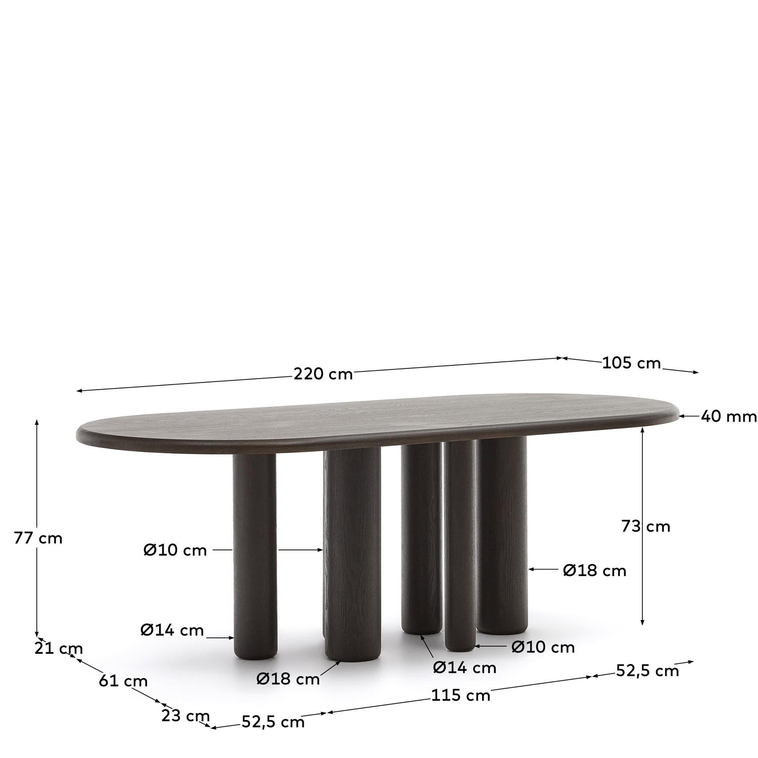 Moderner ovaler Tisch aus hochwertigem Eschenfurnier, Ø 220 x 105 cm, von Kave Home. Ideal für gesellige Runden und stilvolle Einrichtung.