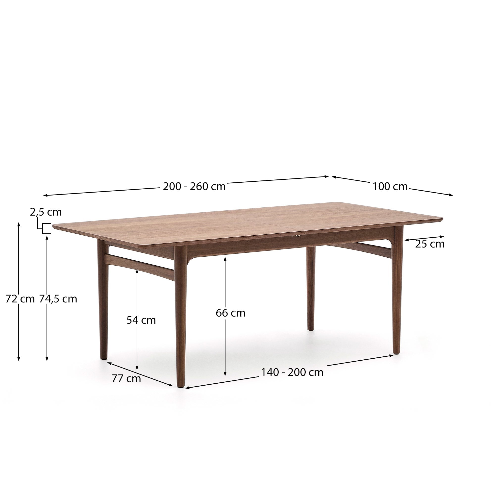 Eleganter, ausziehbarer Nussbaumtisch (200-260 cm) von Kave Home, FSC-zertifiziert, für stilvolle und nachhaltige Gastlichkeit.