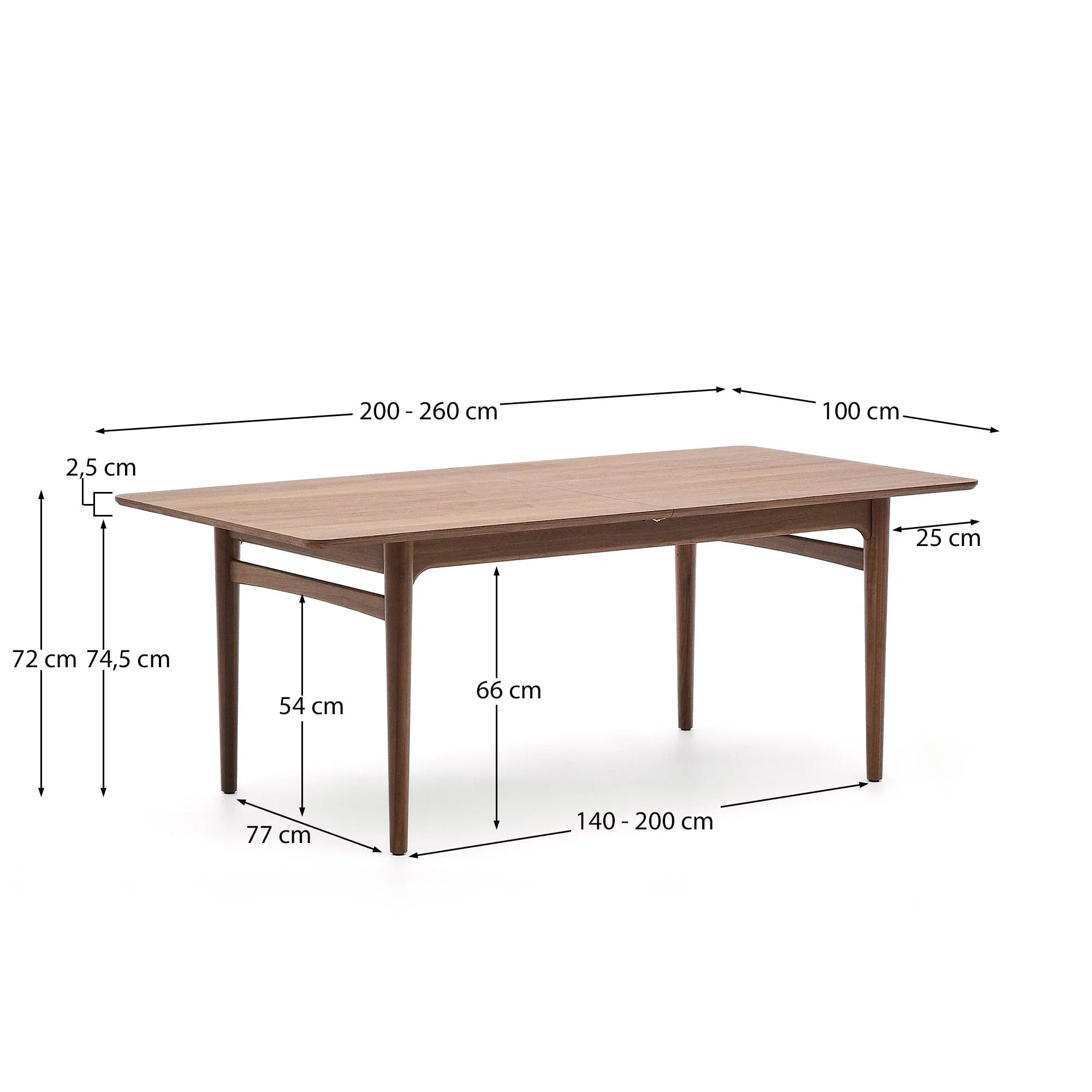 Eleganter ausziehbarer Tisch aus Nussbaumholz, 200-260 cm, FSC-zertifiziert, ideal für moderne Wohn- und Essbereiche.