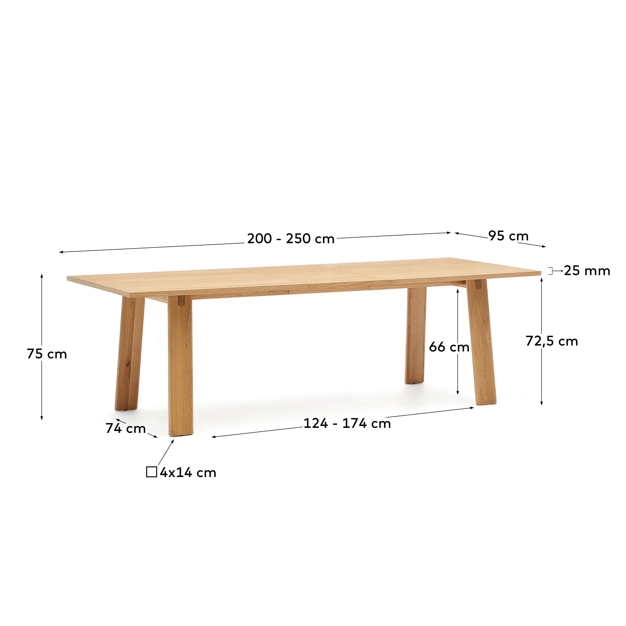Eleganter Arlen Ausziehtisch aus Eichenholz mit naturfarbenem Finish, FSC-zertifiziert, 200-250 x 95 cm, perfekt für modernes Wohnen.