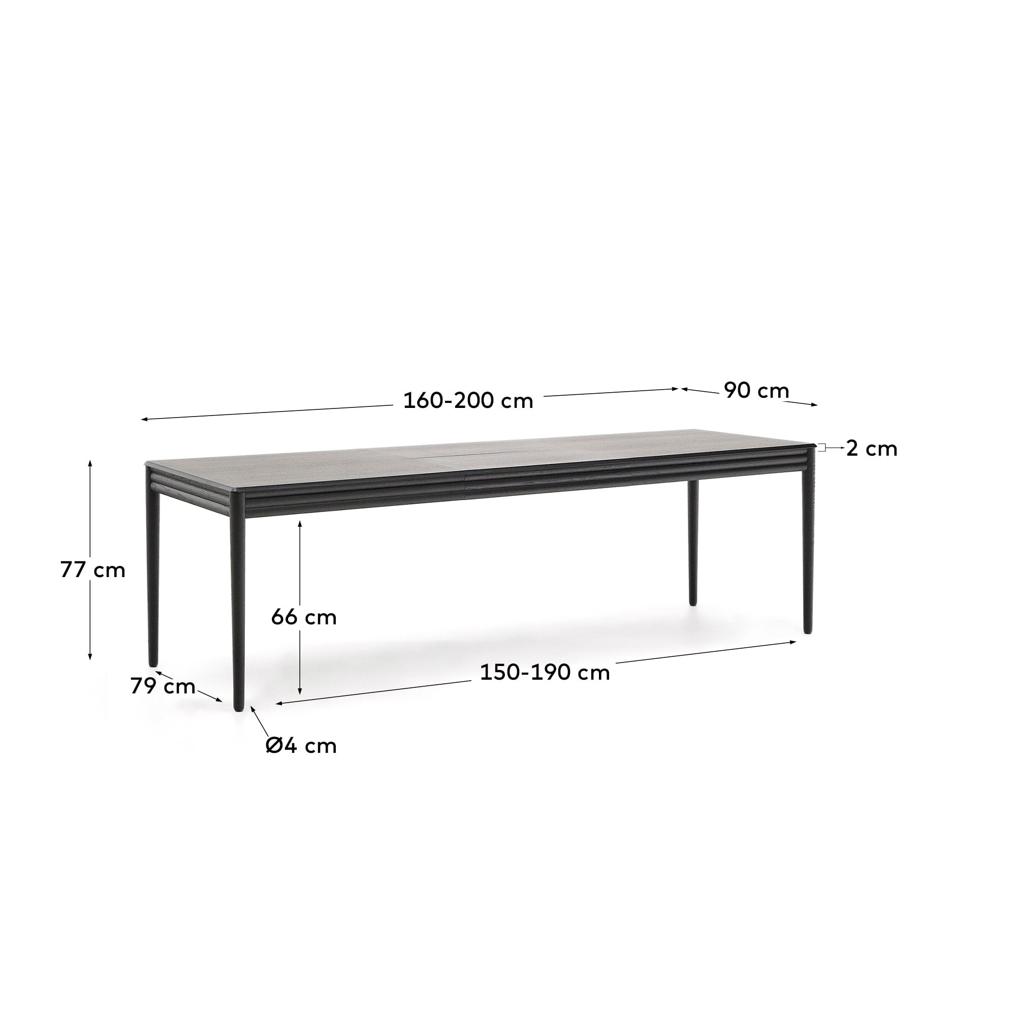 Moderner Ausziehtisch aus schwarzem Eichenholz, 160-200x90cm, FSC-zertifiziert, perfekt für elegante Wohnräume.
