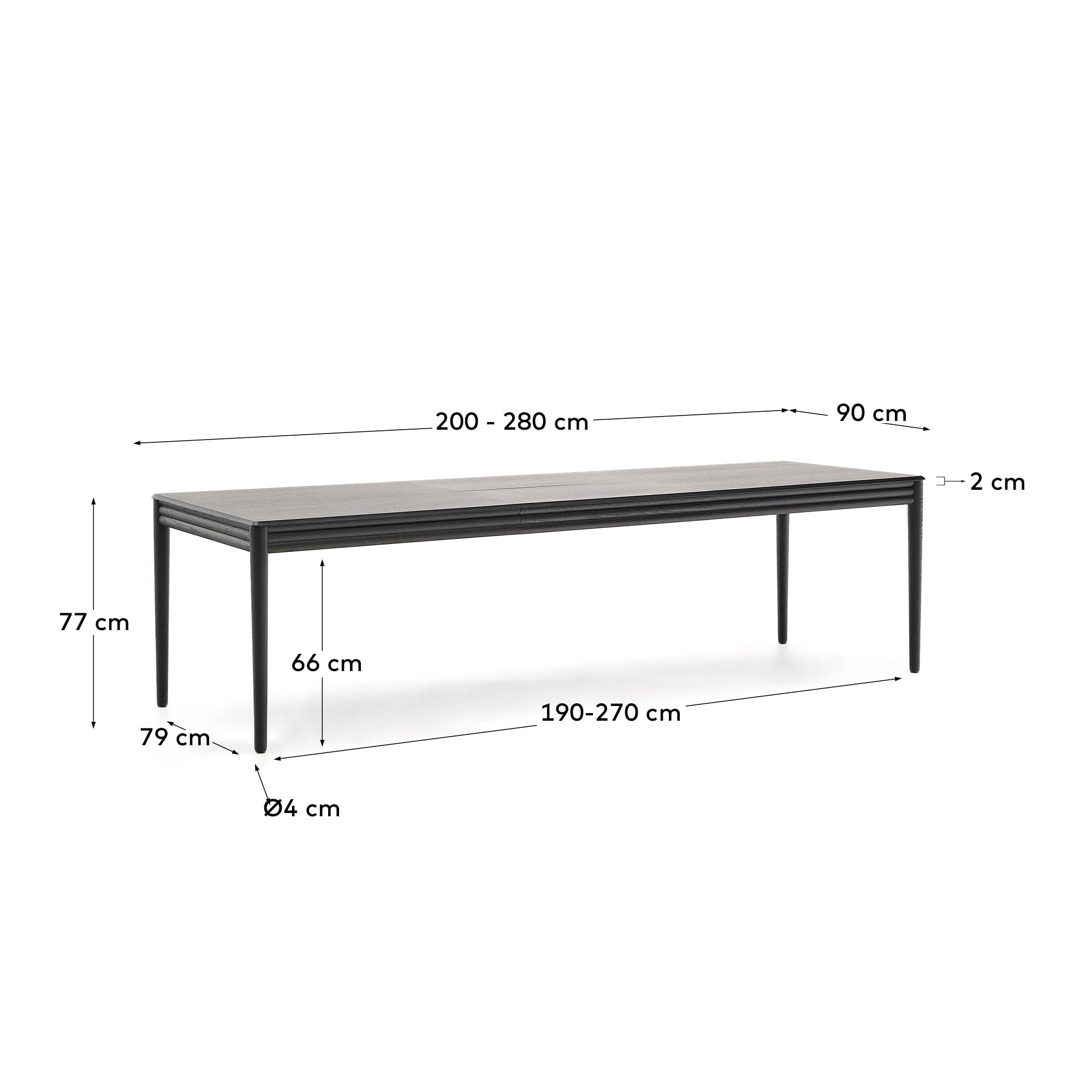 Moderner ausziehbarer Tisch Lenon aus Eichenfurnier und Massivholz, schwarz, 200-280x90cm, FSC-zertifiziert, von Kave Home.