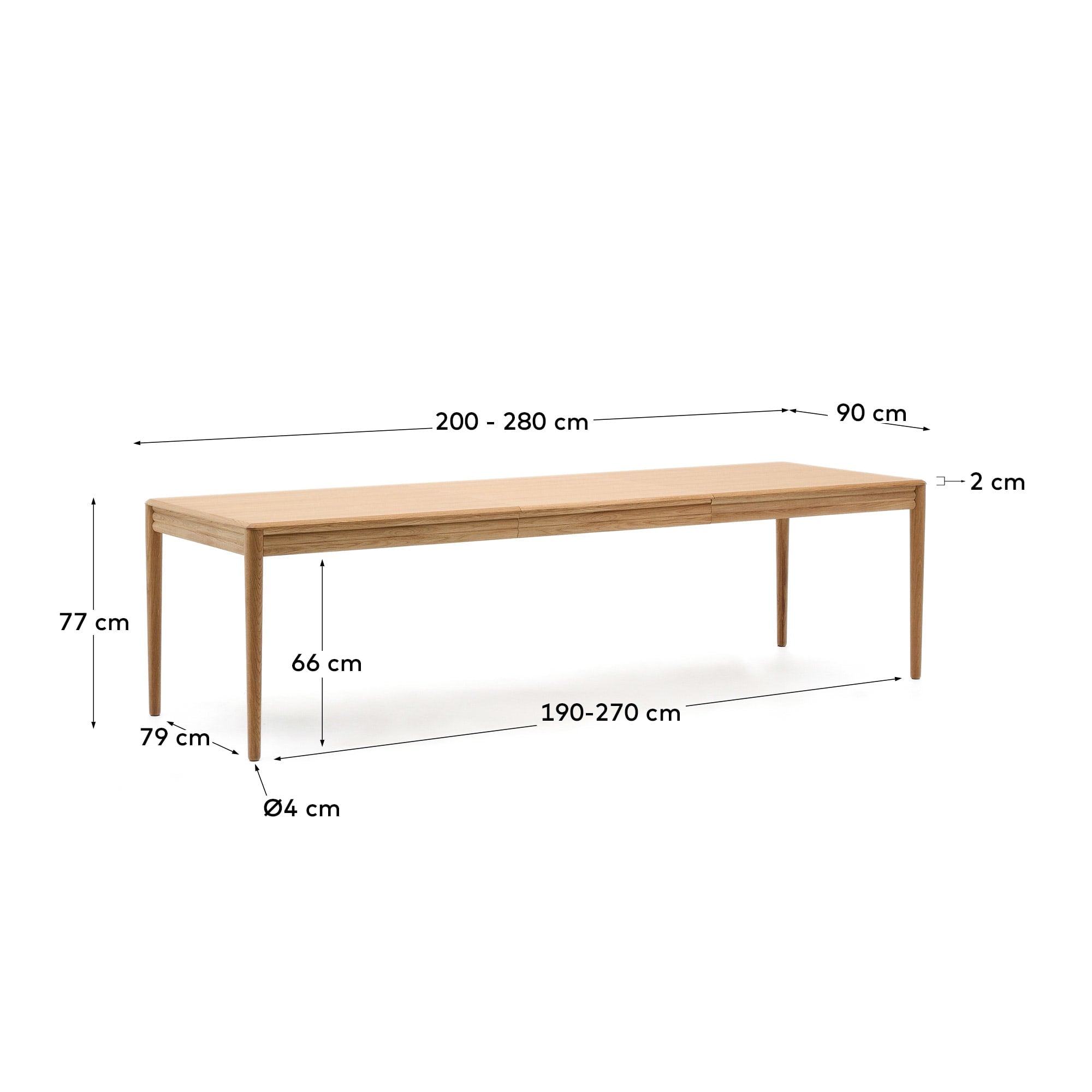 Der Lenon Ausziehtisch von Kave Home vereint stilvolles Design aus Eichenfurnier und massiver Eiche, ideal für flexible Esszimmerlösungen.