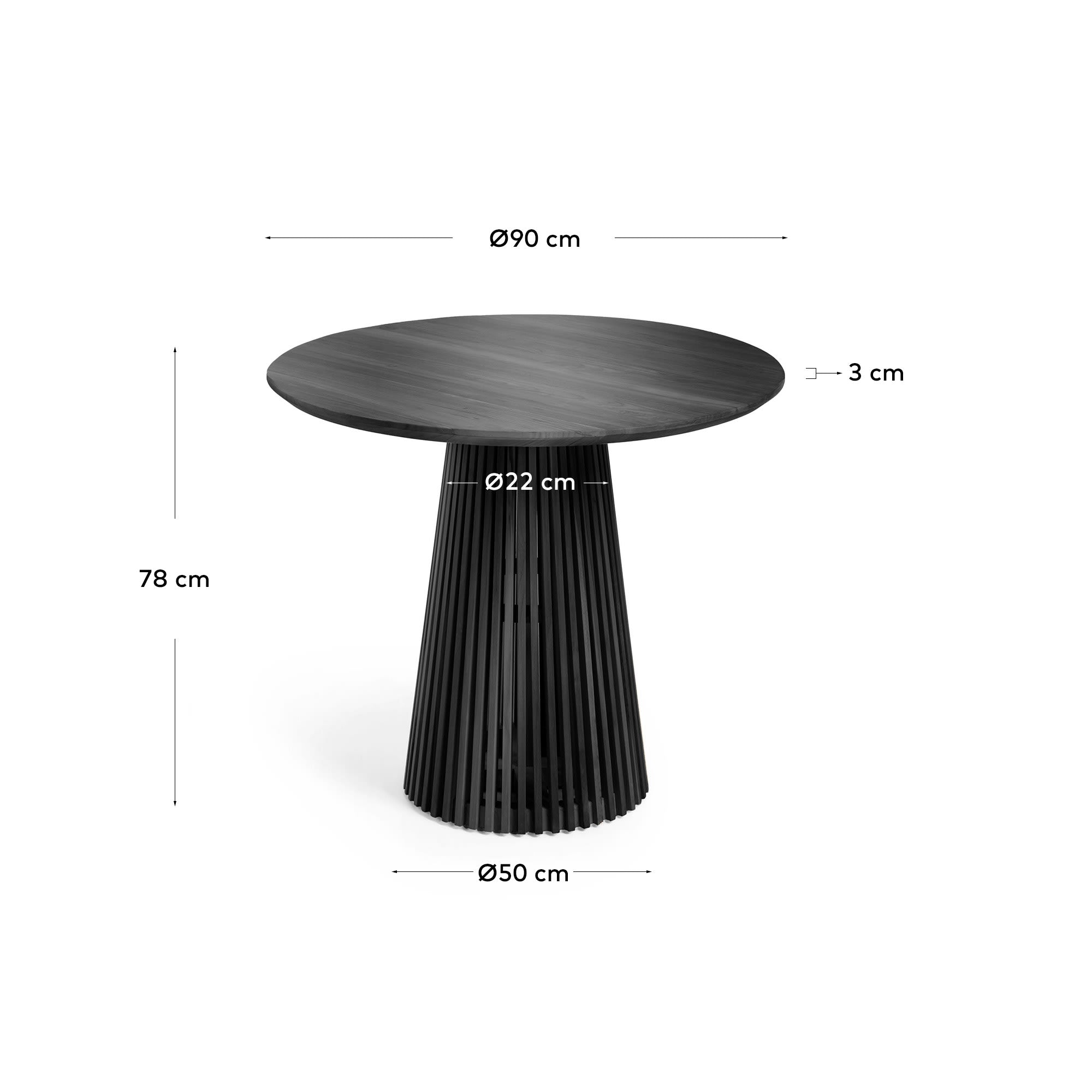 Eleganter runder Tisch aus massivem Mindiholz in Schwarz, Ø 90 cm. Perfekt für gemütliche Essbereiche und stilvolle Zusammenkünfte.