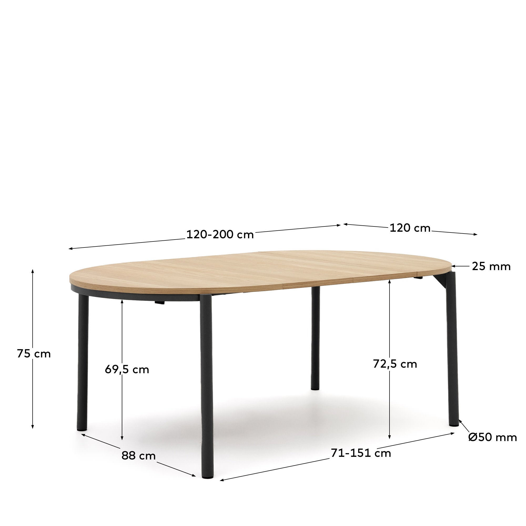 Moderner runder Ausziehtisch mit Eichenfurnier und schwarzen Stahlbeinen, Ø 120-200 cm, ideal für stilvolle Essbereiche.