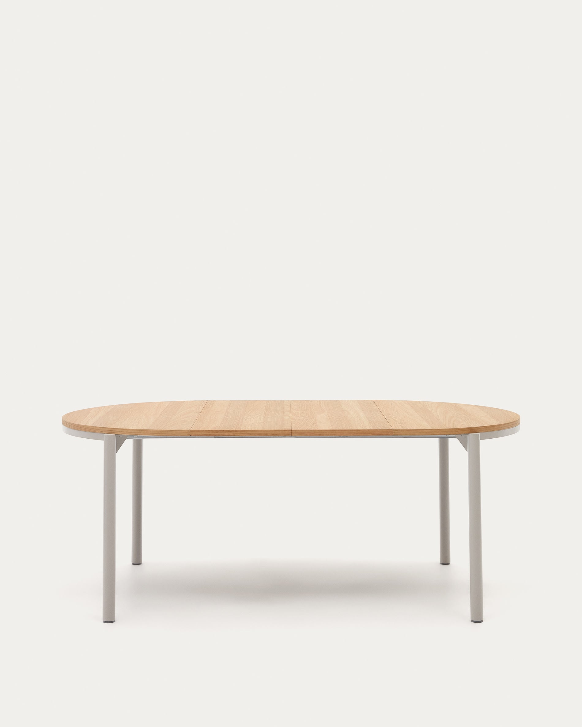 Eleganter runder Ausziehtisch mit Eichenfurnier und grauen Stahlbeinen, Ø 120-200 cm, perfekt für moderne Esszimmer.