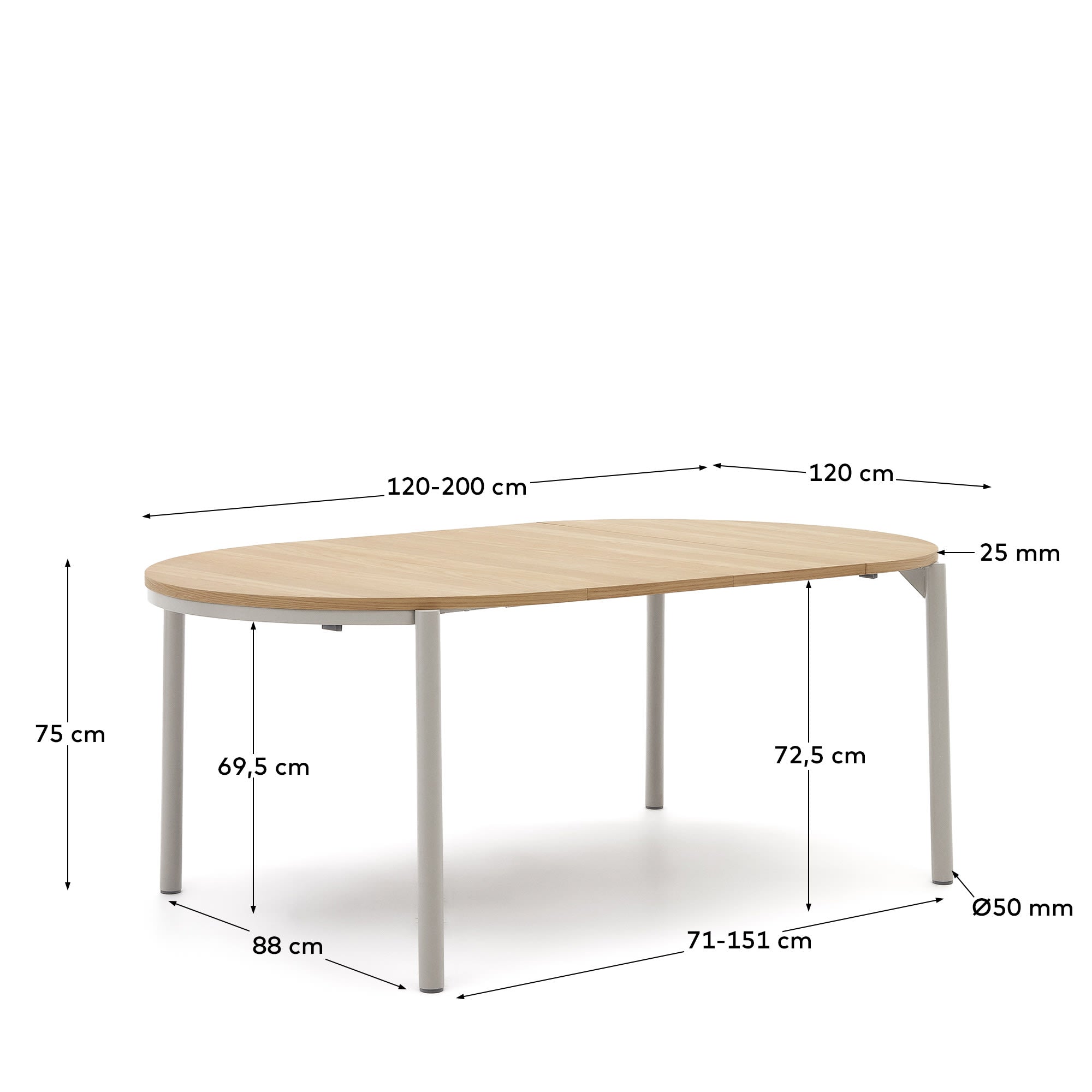 Eleganter runder Ausziehtisch mit Eichenfurnier und grauen Stahlbeinen, Ø 120-200 cm, perfekt für moderne Esszimmer.