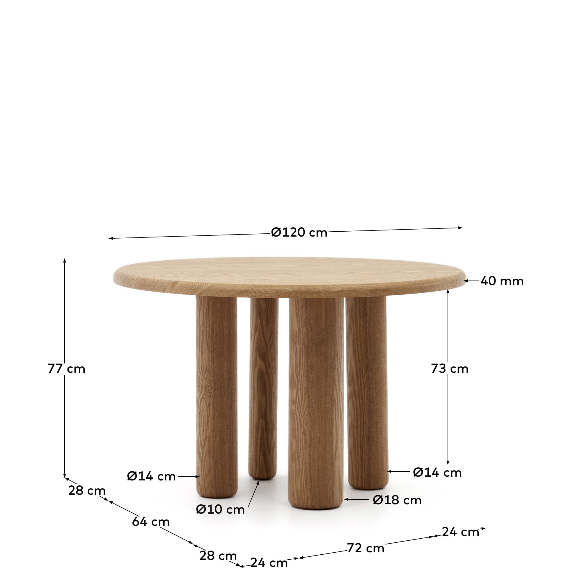 Eleganter runder Tisch aus Eschenfurnier, Ø 120 cm, mit natürlichem Finish. Perfekt für stilvolle Zusammenkünfte.