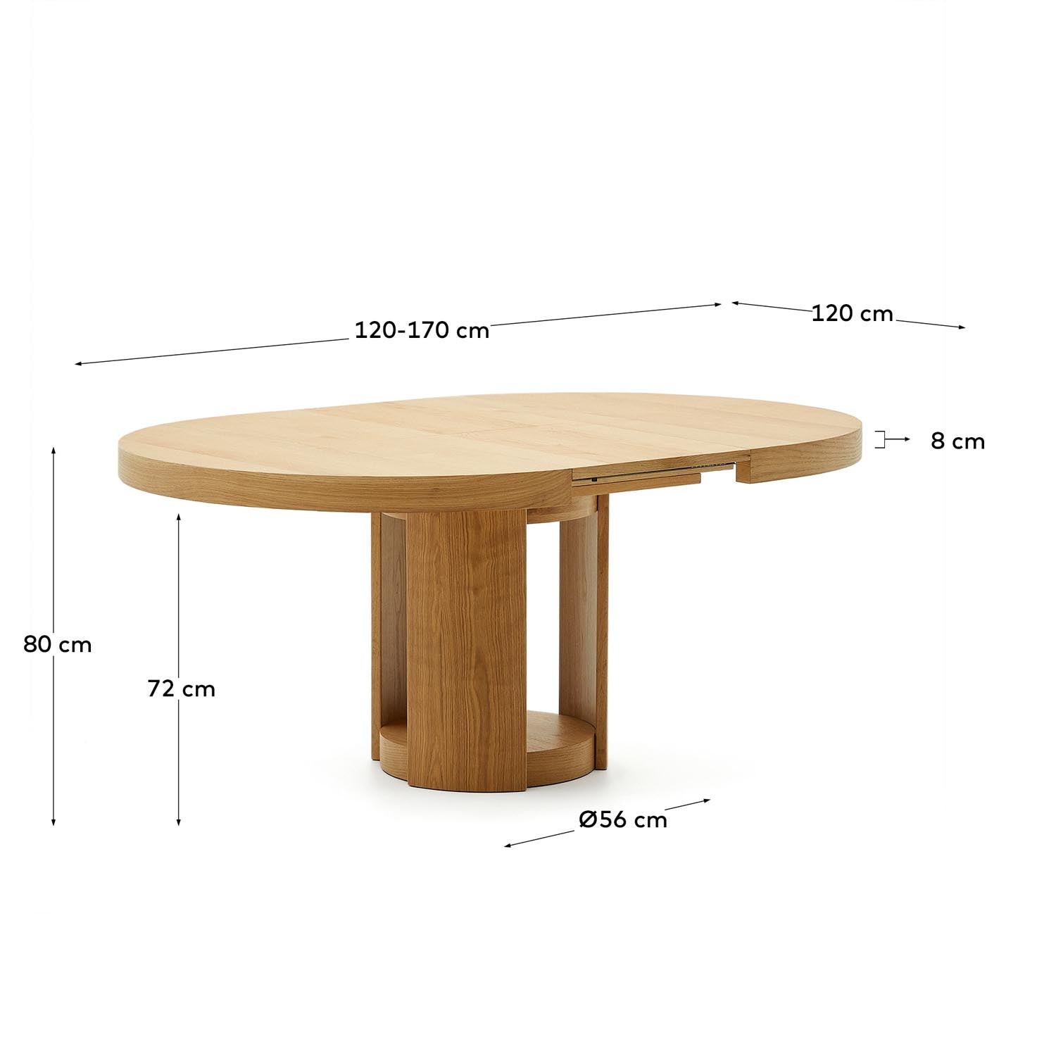 Runder Artis Ausziehtisch aus Massivholz und Eichenfurnier, flexibel erweiterbar von 120 auf 170 cm, ideal für gesellige Abende.