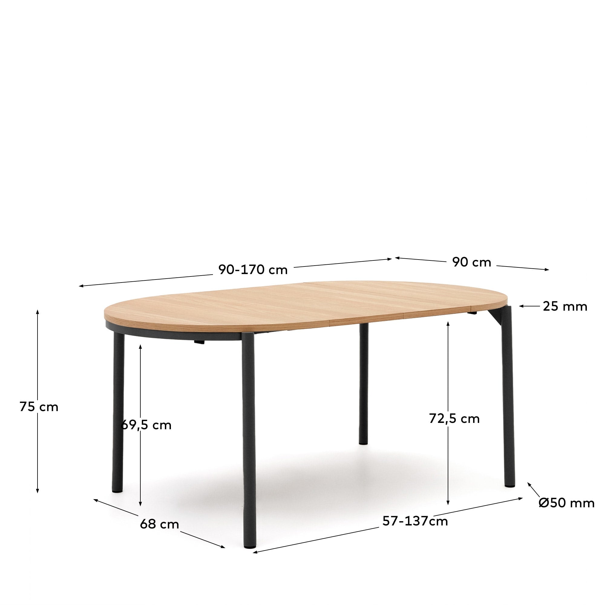 Eleganter, runder Ausziehtisch mit Eichenfurnier und schwarzen Stahlbeinen, erweiterbar von 90 auf 170 cm.