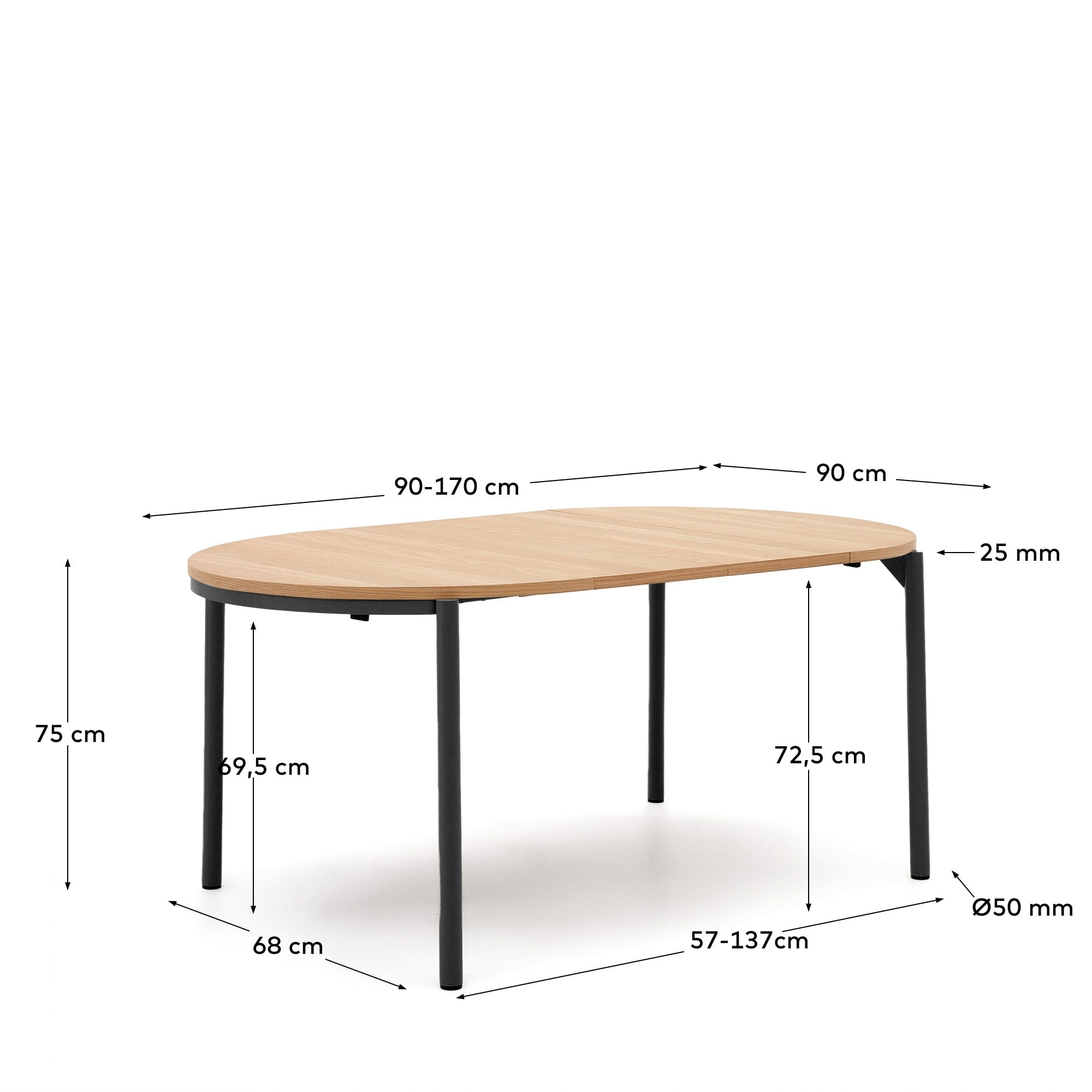 Moderner runder Ausziehtisch Montuiri von Kave Home, Eichenfurnier, schwarze Stahlbeine, Ø90(170) cm, stilvoll und funktional.