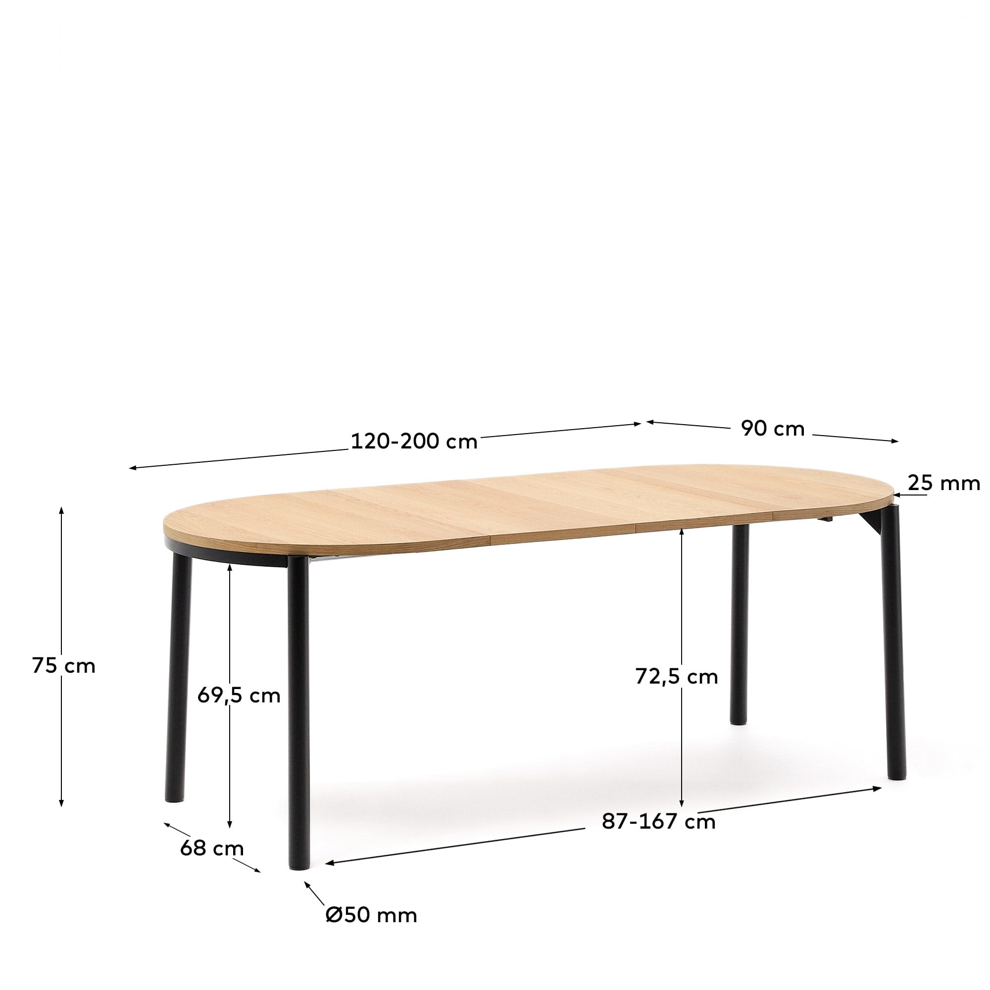 Eleganter Montuiri Ausziehtisch von Kave Home: Eichenfurnier und stabile Stahlbeine in Schwarz, perfekt für gesellige Anlässe und stilvolle Einrichtung.
