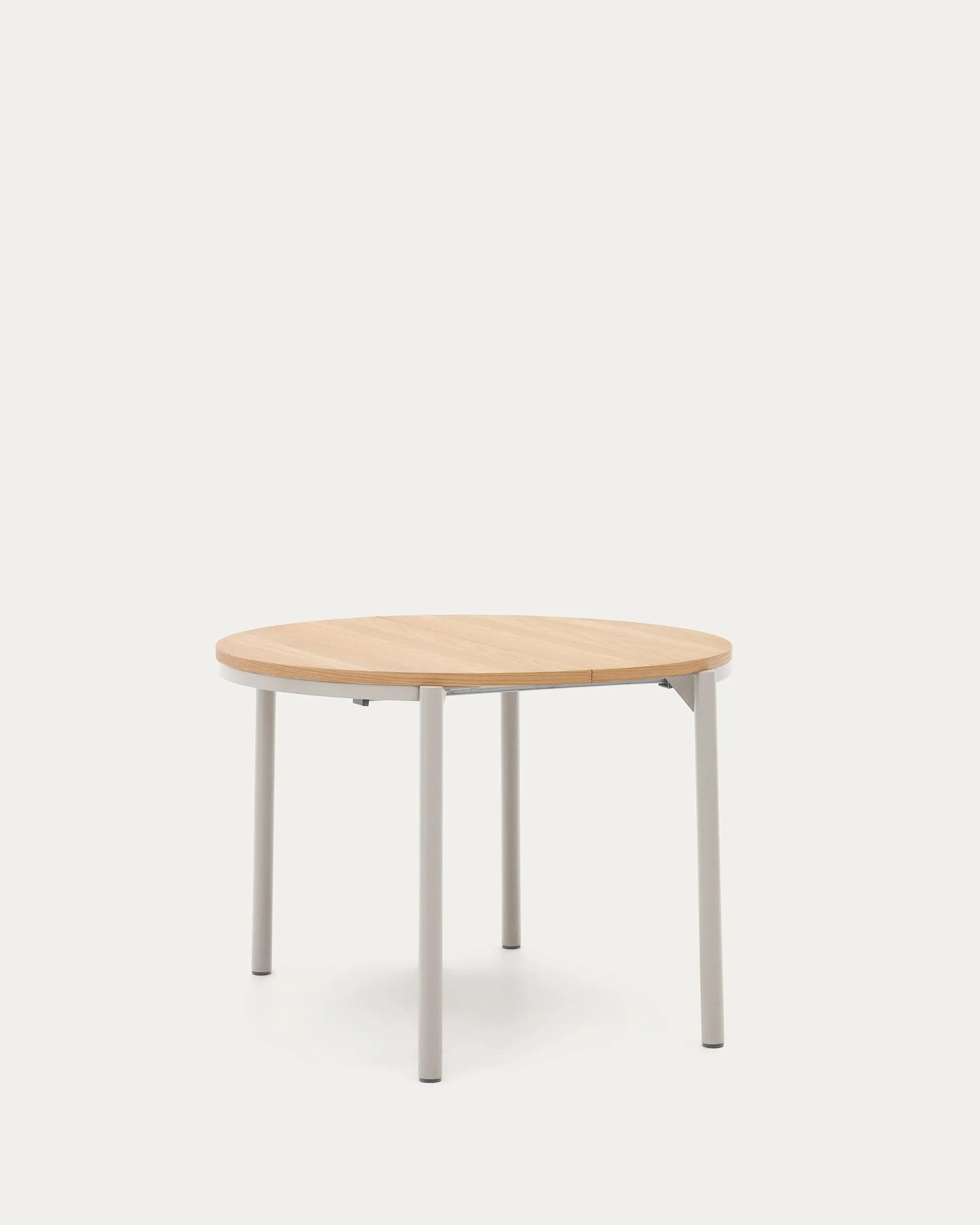 Runder Ausziehtisch Montuiri, Eichenfurnier, graue Stahlbeine, Ø90-170 cm, stilvoll und funktional für modernes Wohnen.