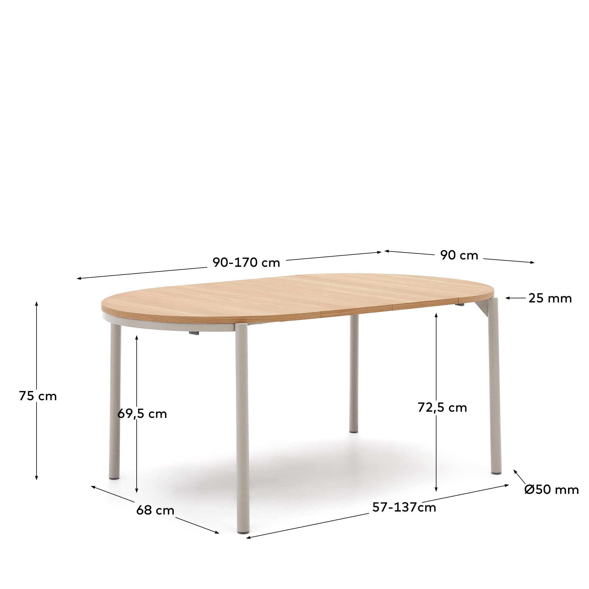 Eleganter Ausziehtisch mit Eichenfurnier und grauen Stahlbeinen, Ø90-170 cm, für stilvolle Flexibilität im Esszimmer.