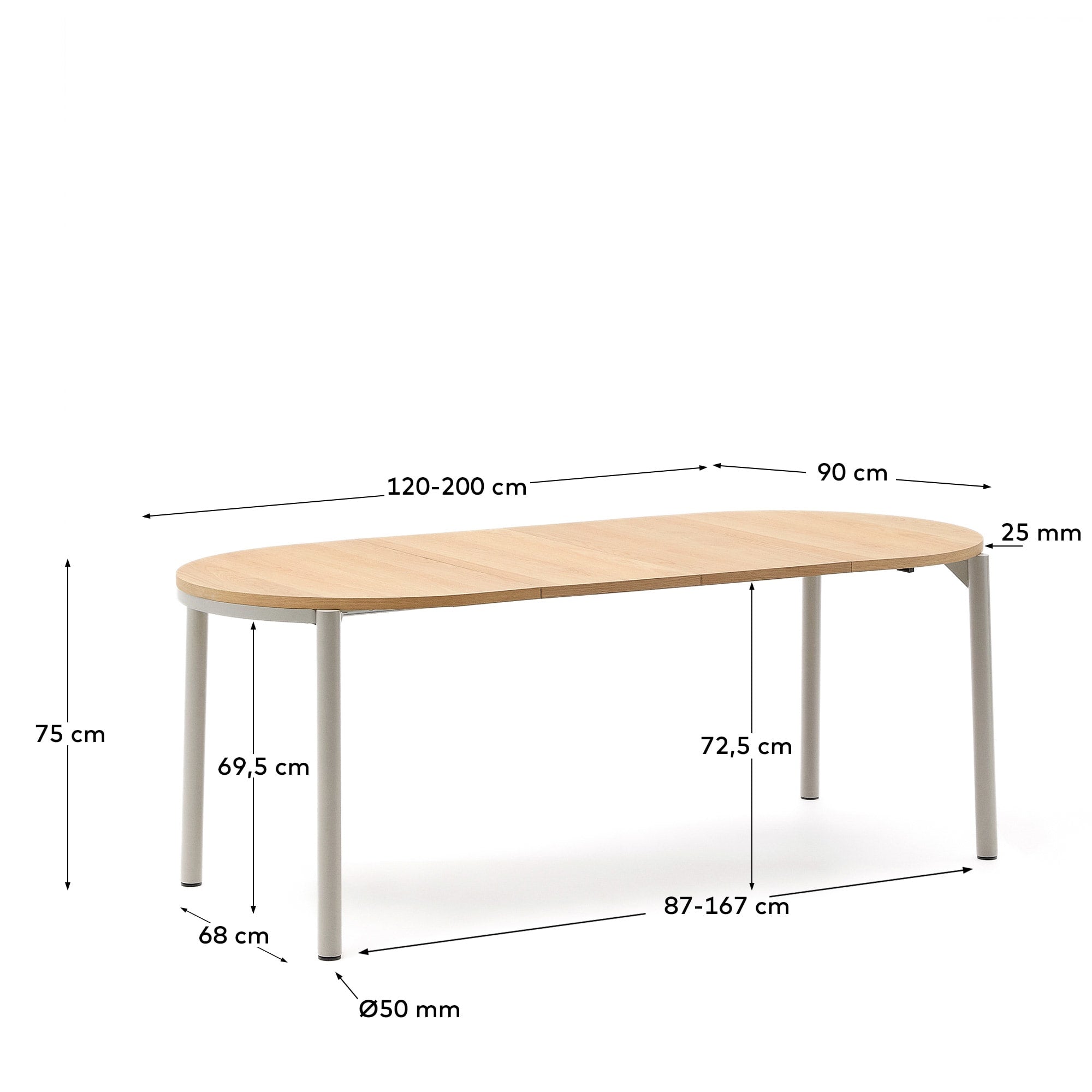 Vielseitiger Montuiri Ausziehtisch von Kave Home, aus Eichenfurnier mit stabilen Stahlbeinen in elegantem Grau, erweiterbar von 120 auf 200 cm – ideal für jedes Fest.