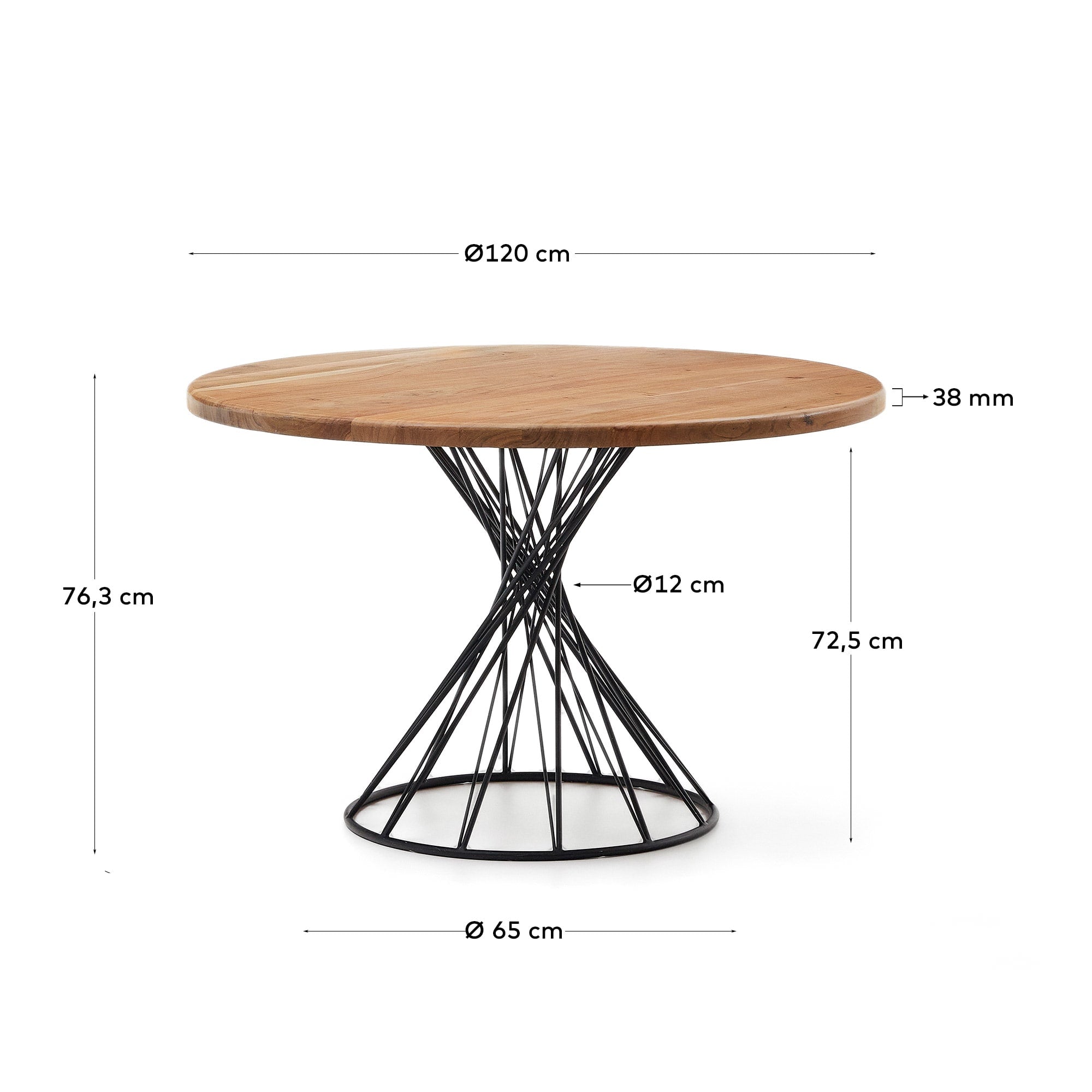 Der Niut runde Tisch von Kave Home aus massivem Akazienholz und eleganten Stahlbeinen bietet Stil und Komfort für jedes Esszimmer.