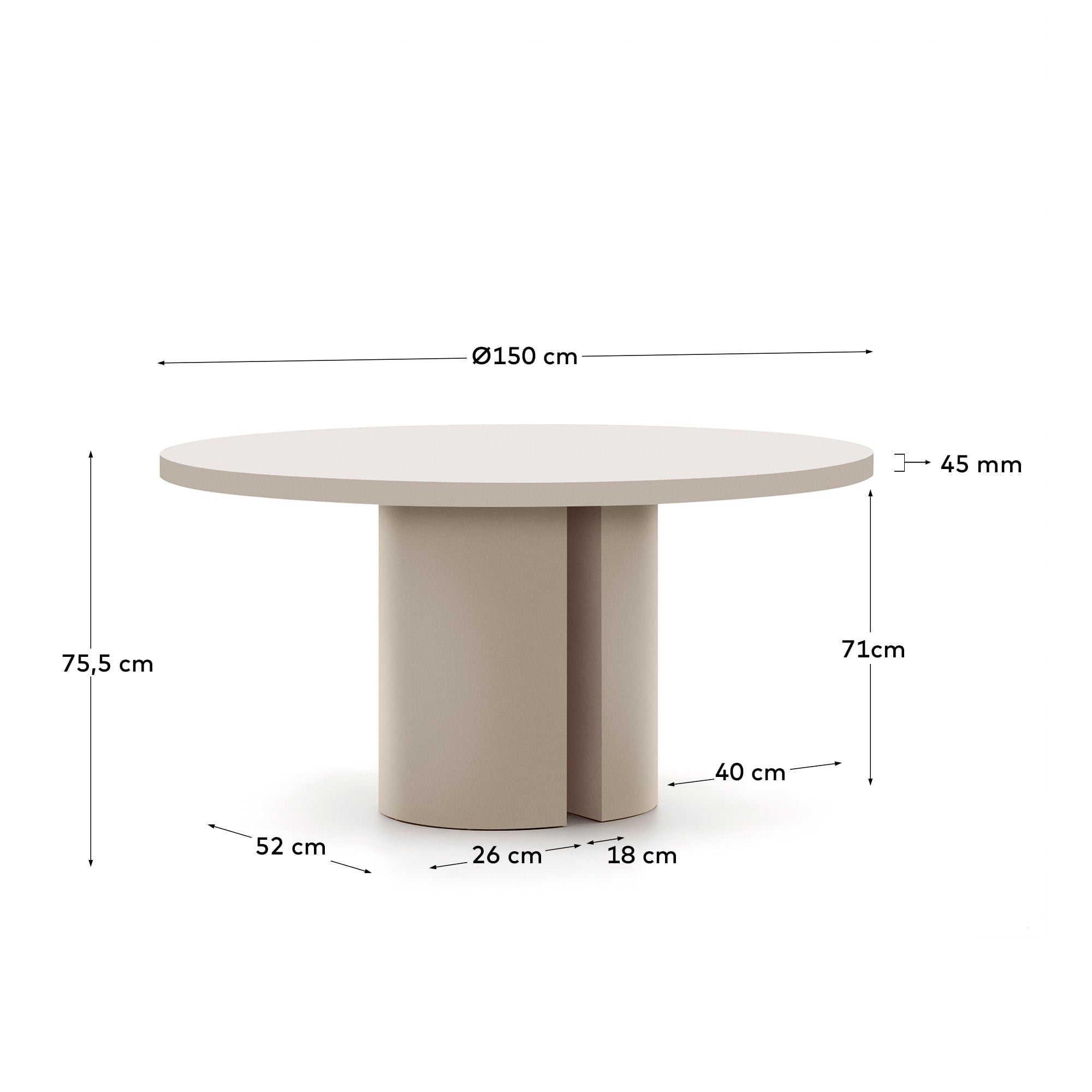 Eleganter runder Tisch Nealy, Ø 150 cm, in Eierschalenfarbe, aus robustem MDF, flexibel anpassbar, ideal für gesellige Runden.