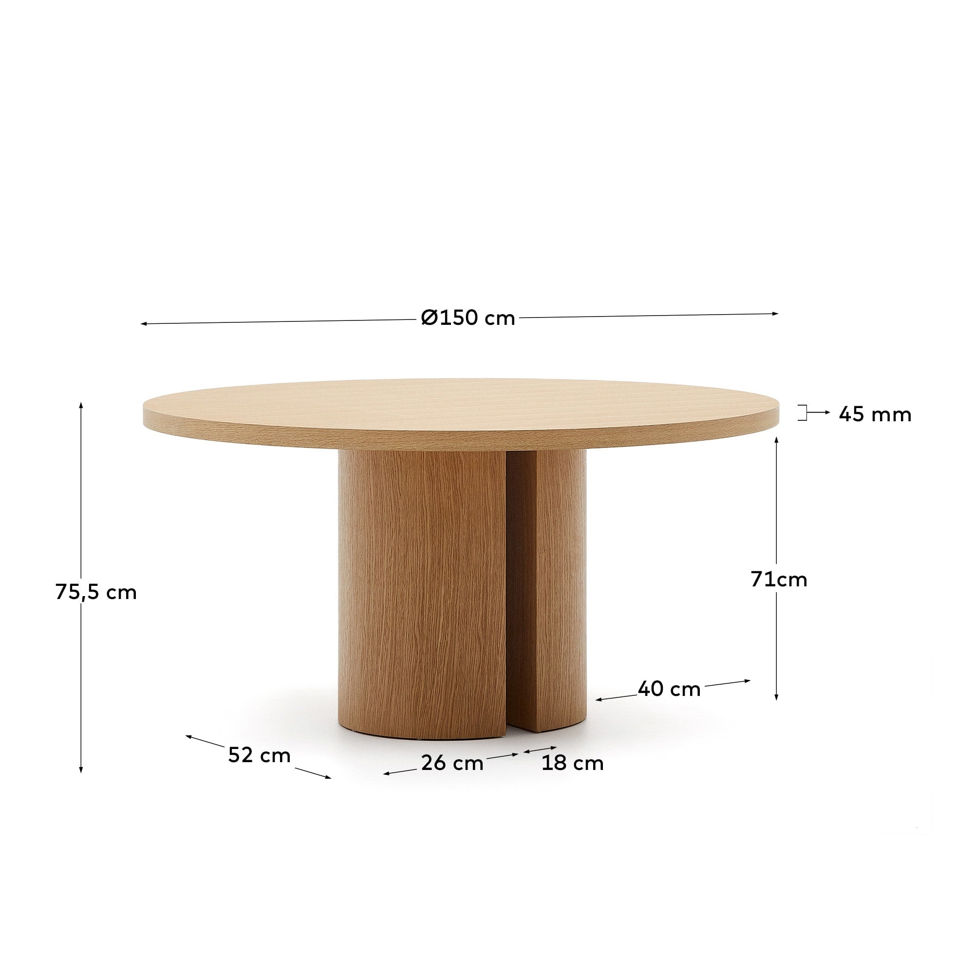 Eleganter runder Tisch aus Eichenfurnier, Ø 150 cm, mit natürlichem Finish, flexibel und robust, ideal für stilvolle Essbereiche.