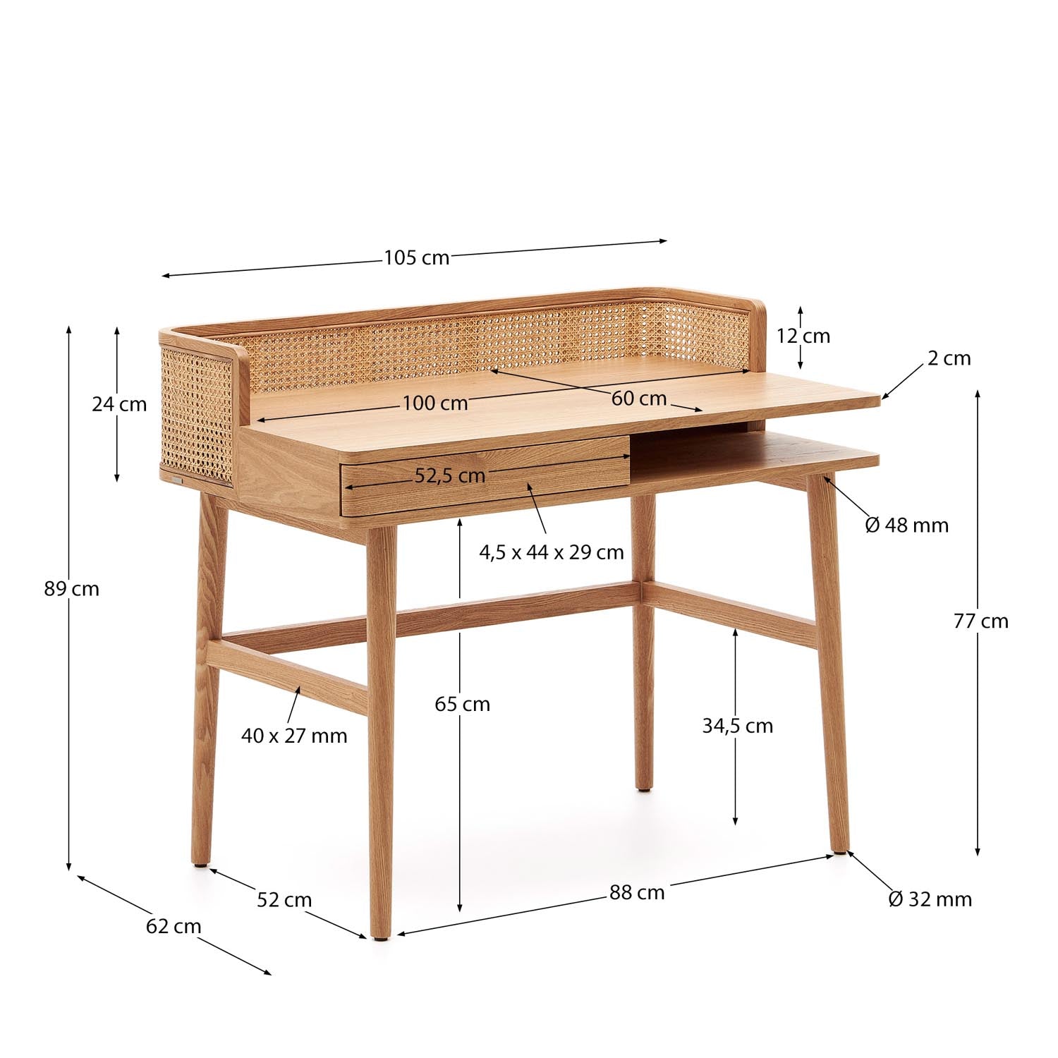 Entdecken Sie den Araxi Tisch aus hochwertigem Eschenfurnier und Rattan, 105 x 62 cm – ideal für Ihr stilvolles Home Office!