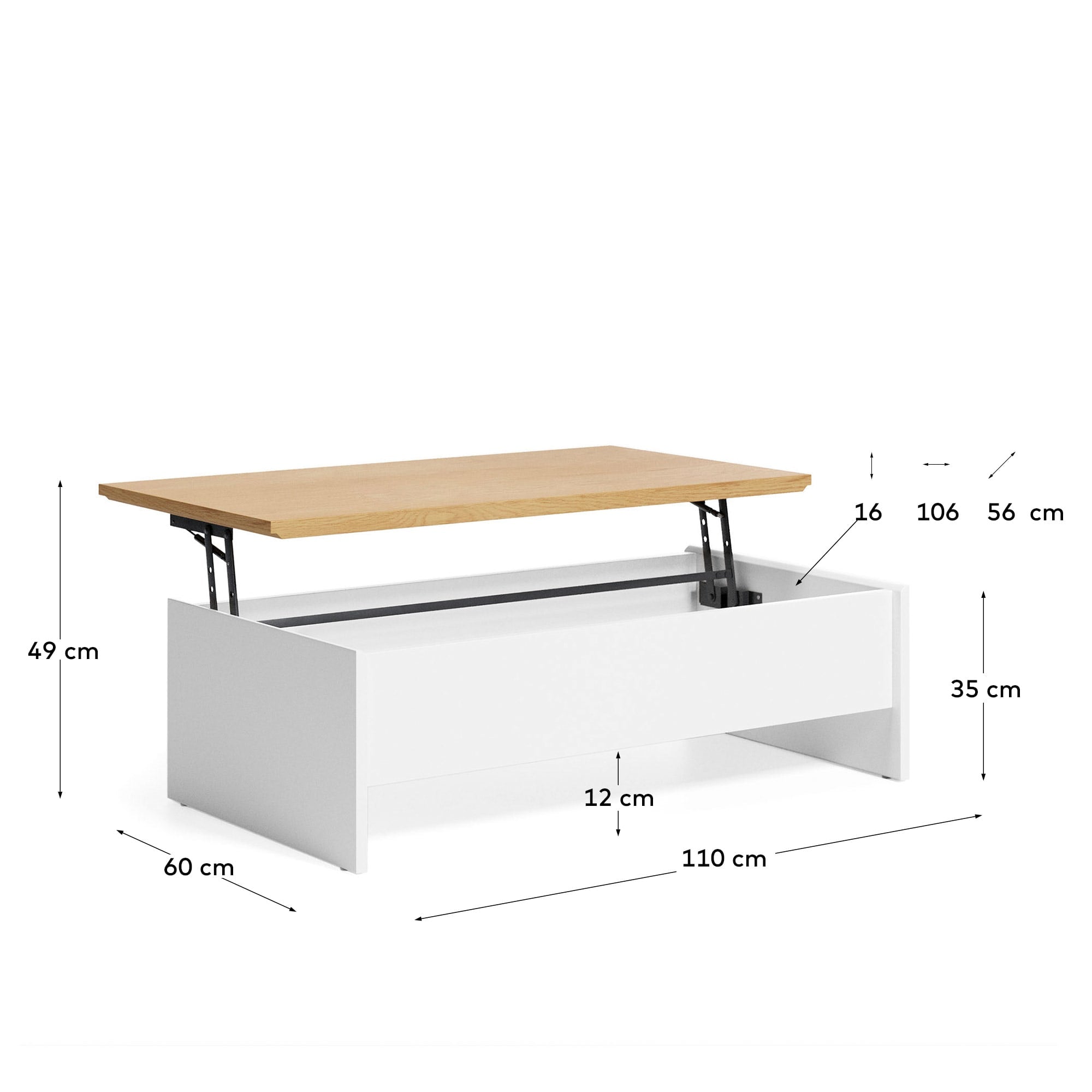 Eleganter höhenverstellbarer Couchtisch aus Eichenfurnier, weiß lackiert, 110x60 cm, FSC-zertifiziert, von Kave Home.