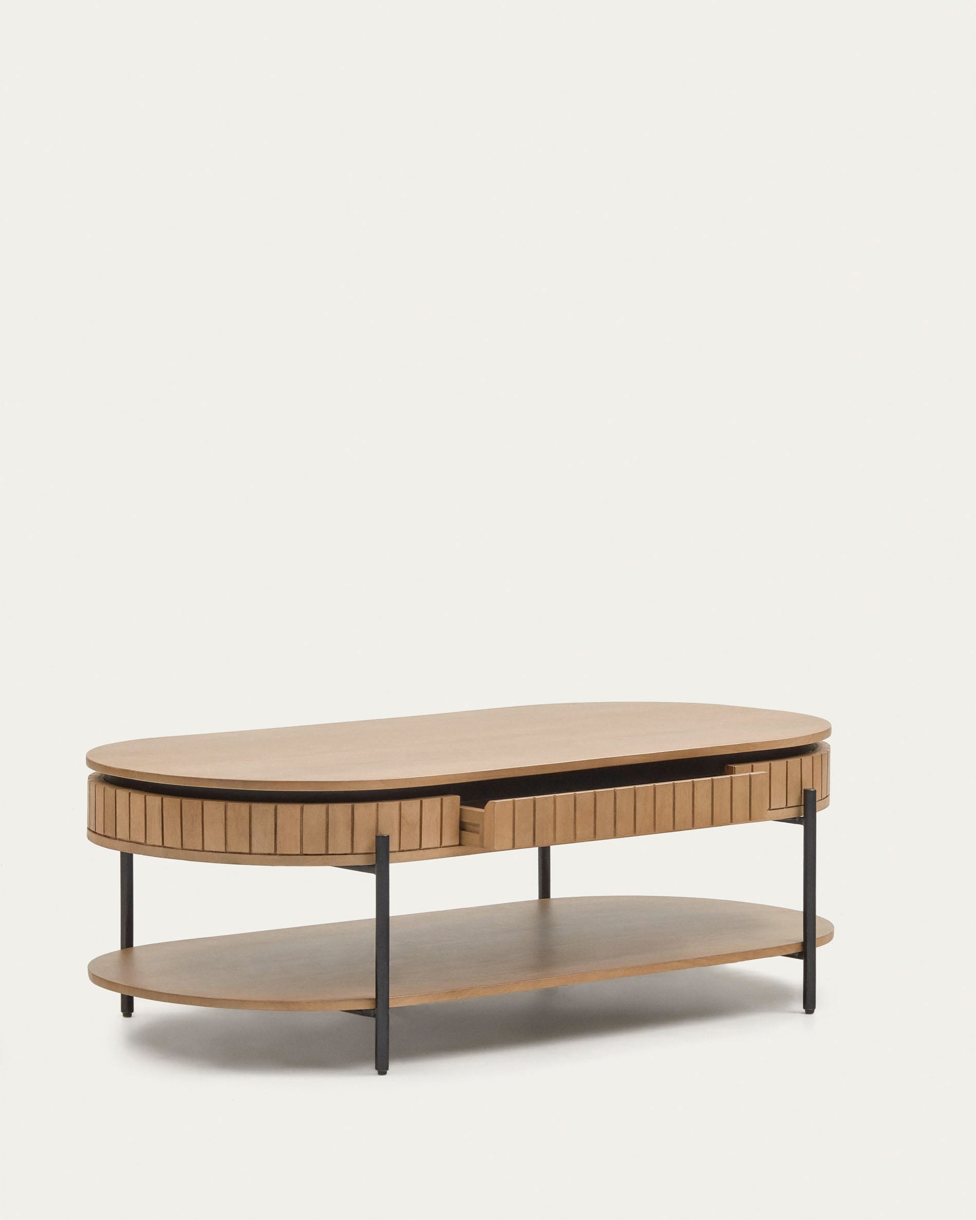 Moderner Couchtisch aus robustem Mangoholz mit elegantem Metallrahmen, 1 praktische Schublade, 130 x 65 cm, ideal für stilvolle Wohnräume.