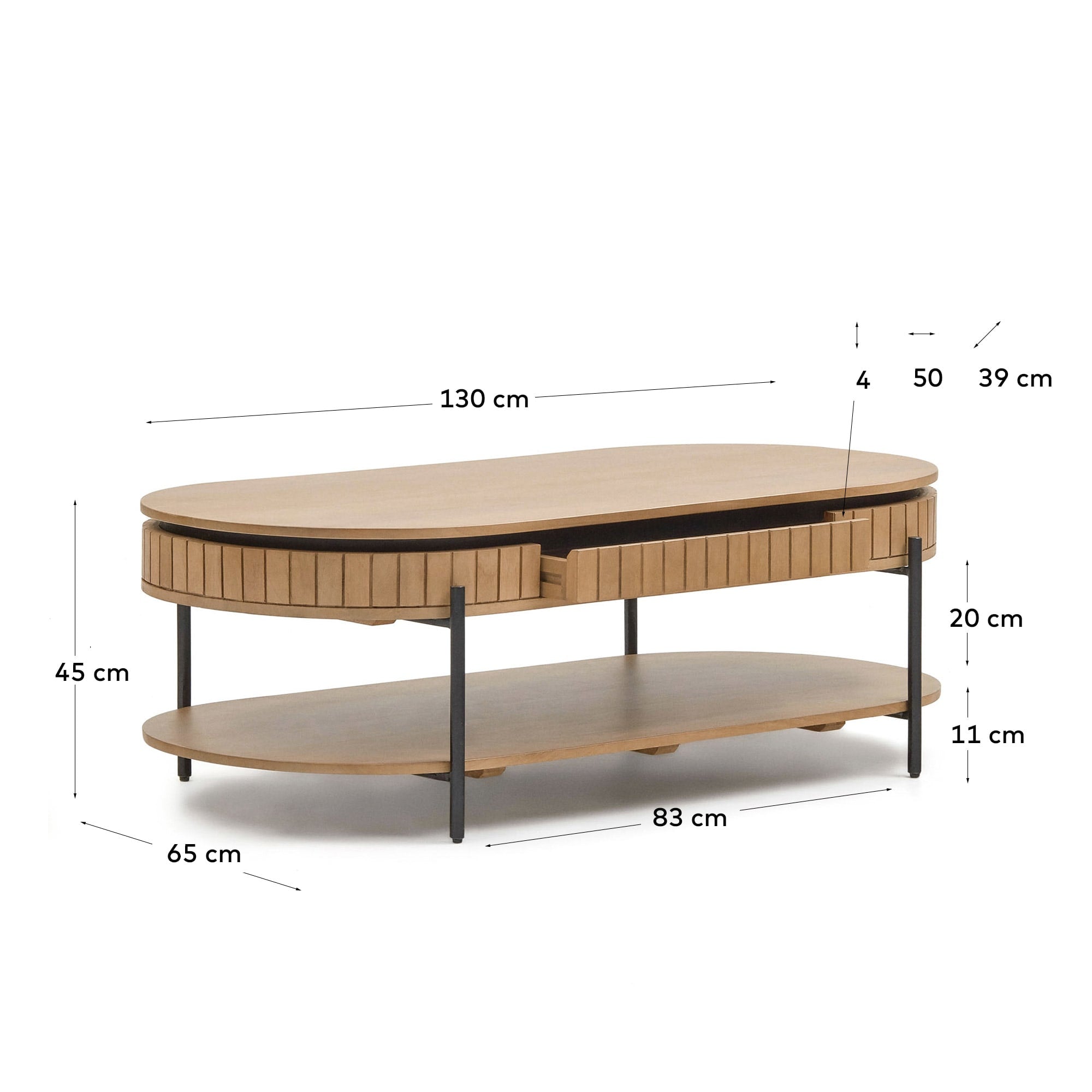 Moderner Couchtisch aus robustem Mangoholz mit elegantem Metallrahmen, 1 praktische Schublade, 130 x 65 cm, ideal für stilvolle Wohnräume.