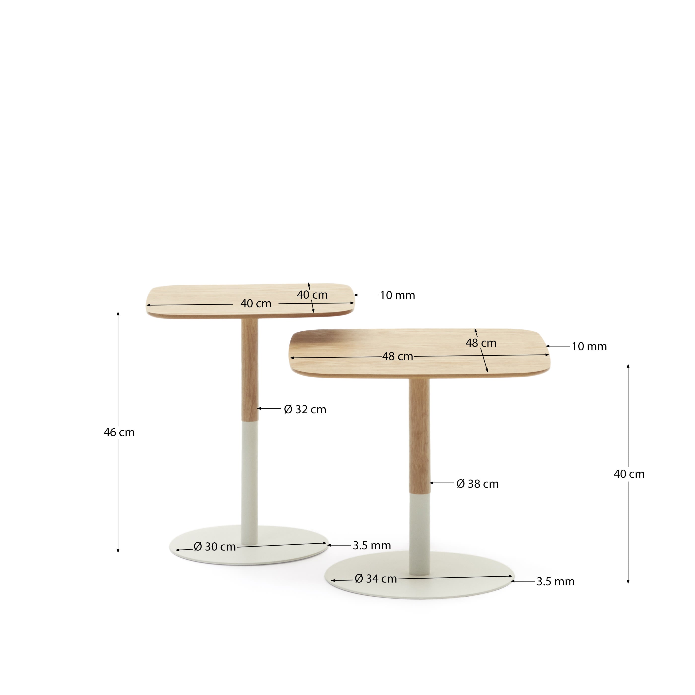 Elegantes Beistelltisch-Set aus Eichenfurnier und stabilen, mattweißen Metallbeinen. Ideal für skandinavisches Wohndesign und vielseitige Nutzung.