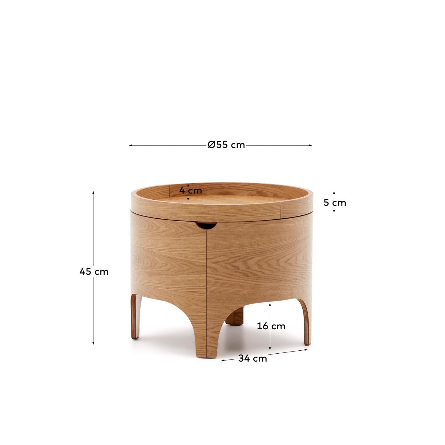 Eleganter Octavia Nachttisch aus FSC-zertifiziertem Eschenfurnier, Ø 55 cm. Praktisch und nachhaltig für jedes Schlafzimmer.