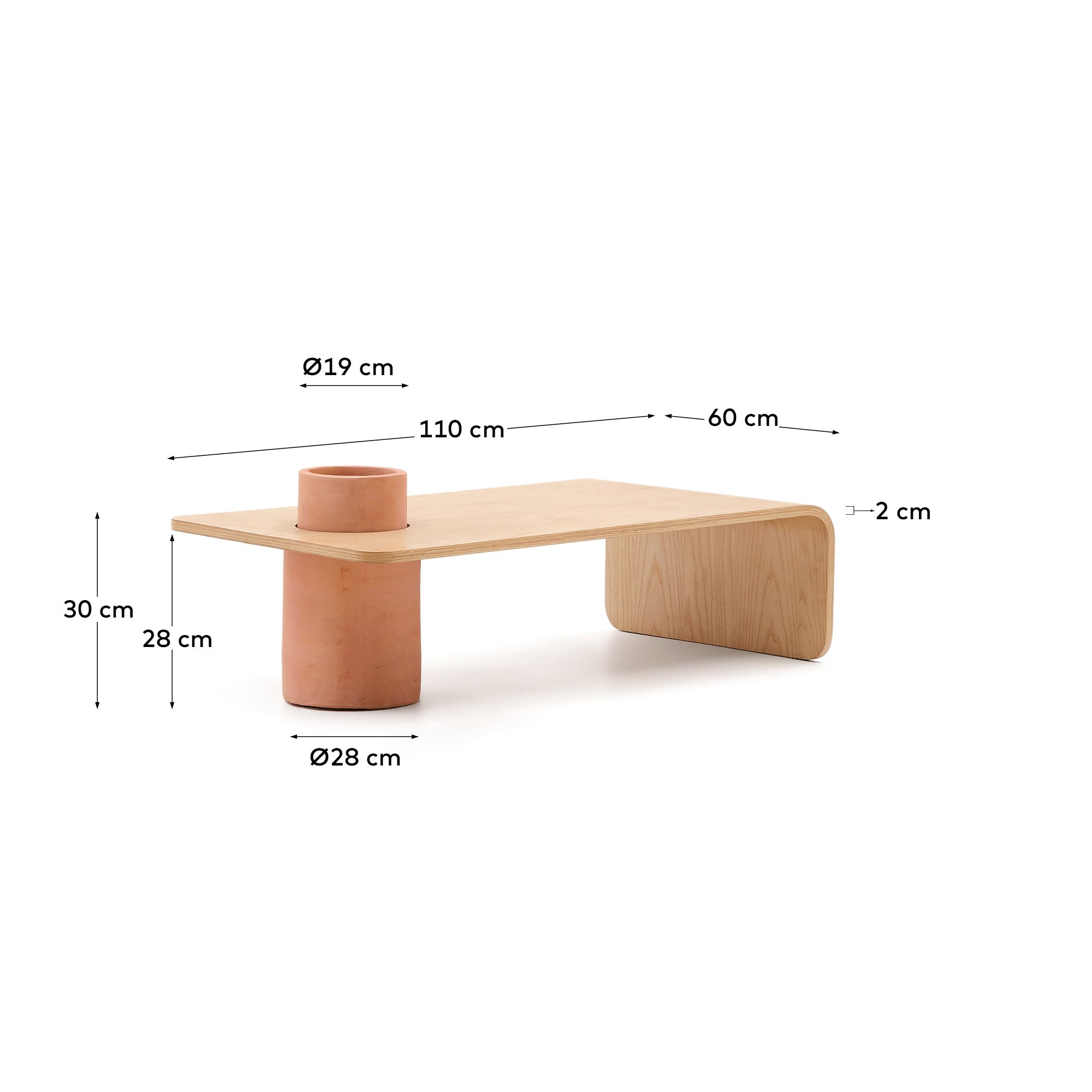 Der Couchtisch Olaria vereint stilvolles Eichenfurnier mit einem stabilen Terrakotta-Fuß und bringt natürliche Eleganz in Ihr Zuhause.