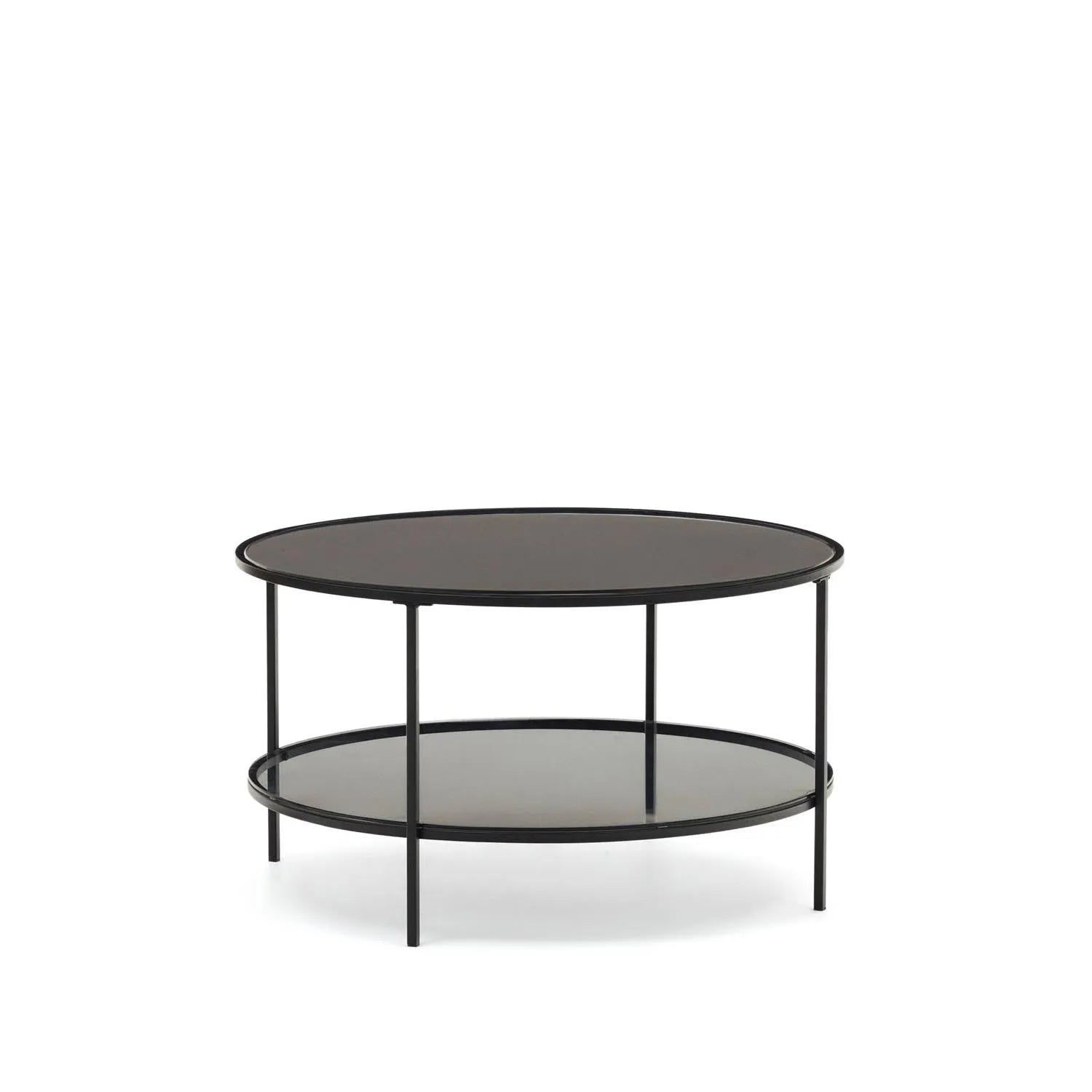 Gilda Couchtisch aus getempertem Glas und Metall mit Finish in Mattschwarz Ø 80 cm in Schwarz präsentiert im Onlineshop von KAQTU Design AG. Beistelltisch ist von Kave Home