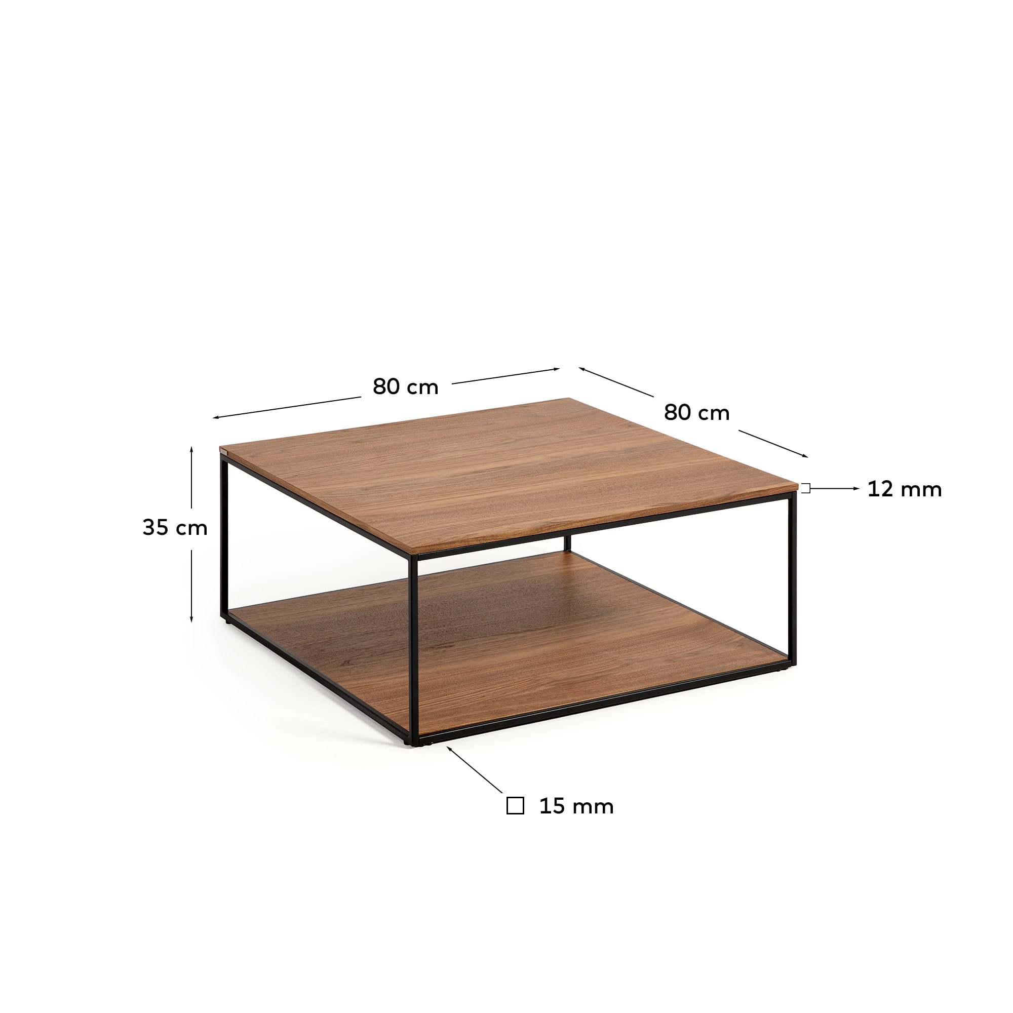 Eleganter Yoana Couchtisch aus Nussholzfurnier und robustem, schwarz lackiertem Metallgestell, 80 x 80 cm – ideal für stilvolle Wohnräume.