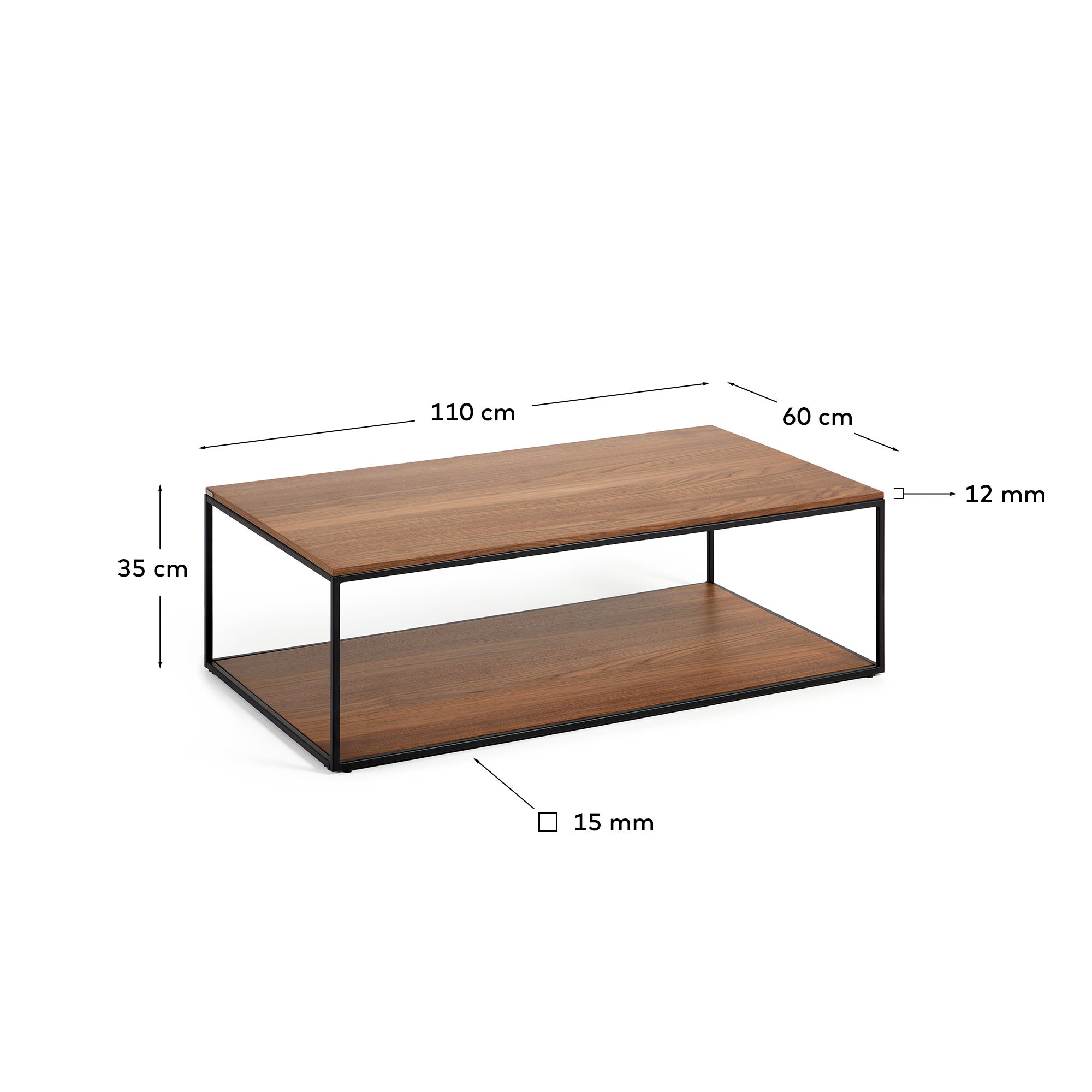 Eleganter Couchtisch aus Nussholzfurnier und robustem, schwarz lackiertem Metallgestell, 110 x 60 cm – ideal für stilvolle Wohnräume.