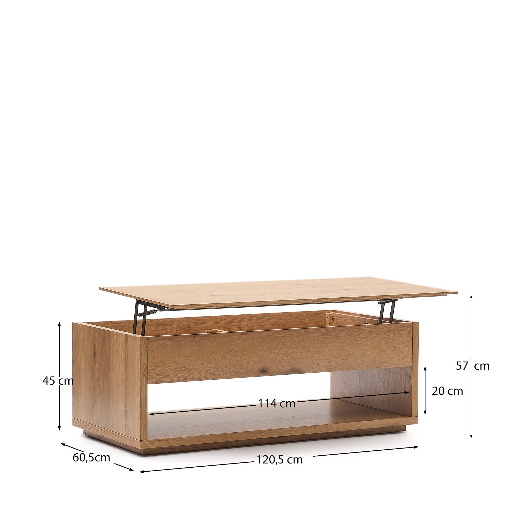 Eleganter hochklappbarer Couchtisch Alguema aus Eichenfurnier, 120 x 60 cm, mit natürlichem Finish. Perfekt für stilvolle und flexible Wohnräume.