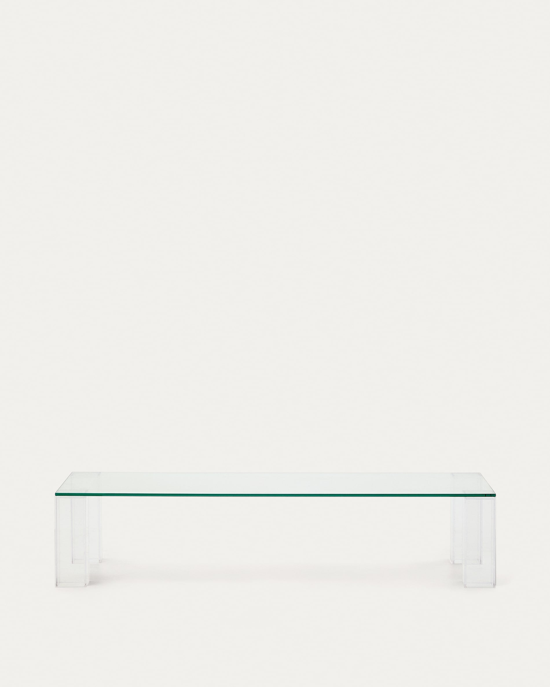 3D-Modell eines modernen, transparenten Glascouchtischs, 140x60 cm, von Kave Home, für AR geeignet.