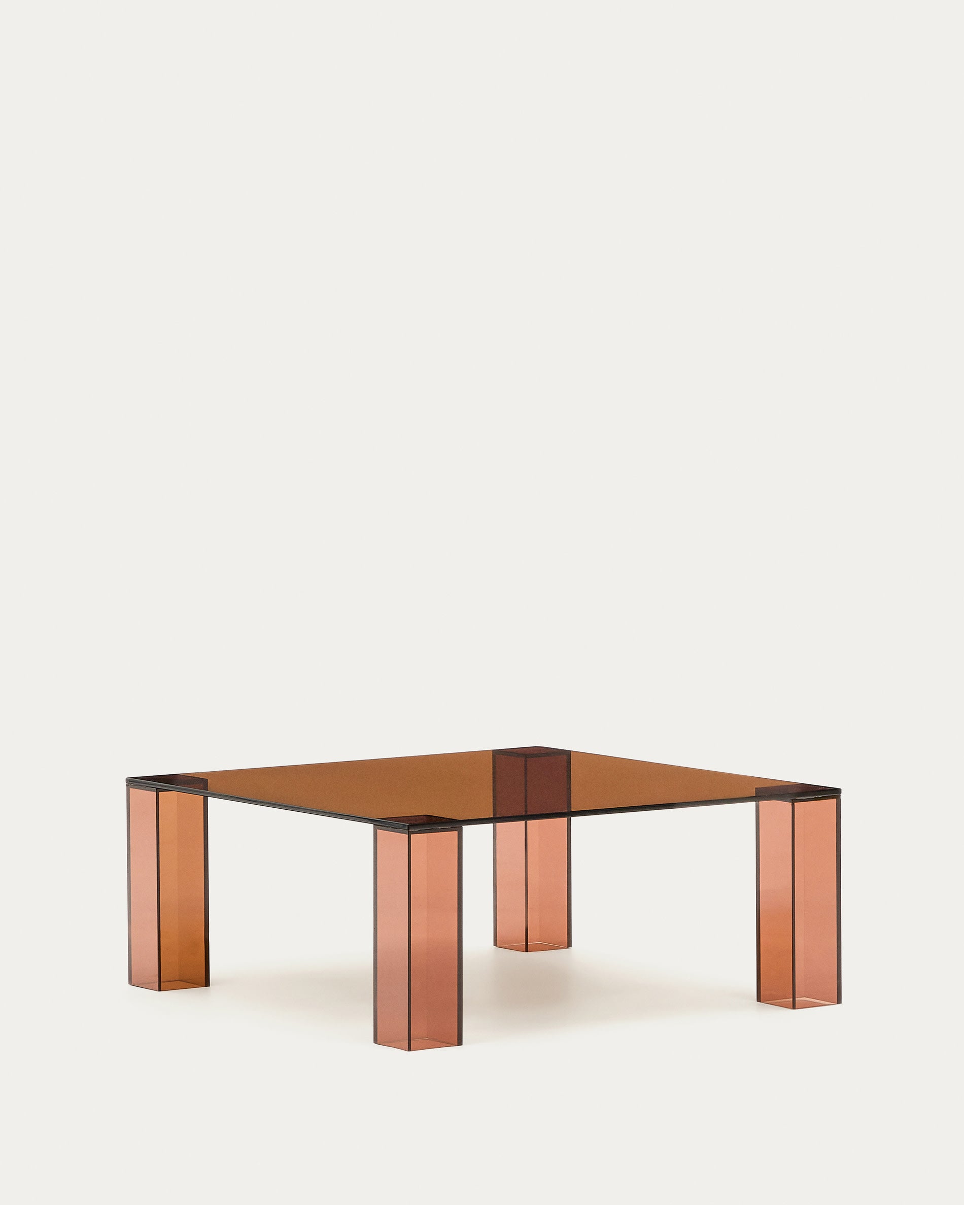 Moderner Beistelltisch aus braunem gehärtetem Glas, 85x85 cm, von Kave Home. Ideal für stilvolle und zeitgemässe Wohnräume.