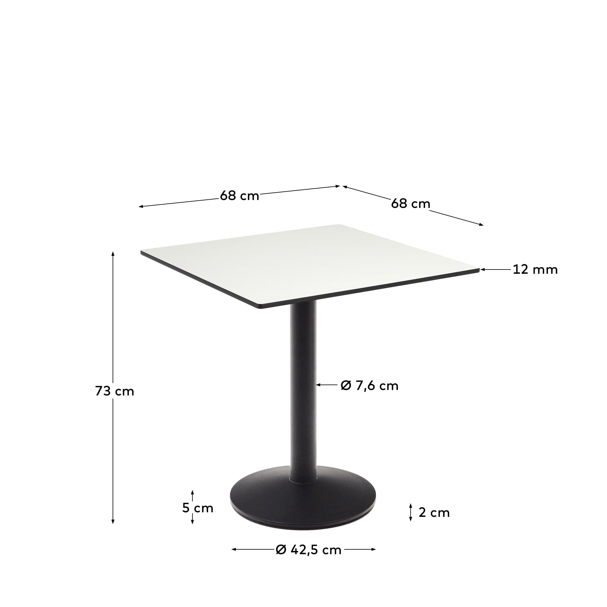 Moderner Esilda Outdoor-Tisch, weiß, 70x70x70 cm, mit schwarzem Metallgestell, ideal für stilvolle Außenbereiche.