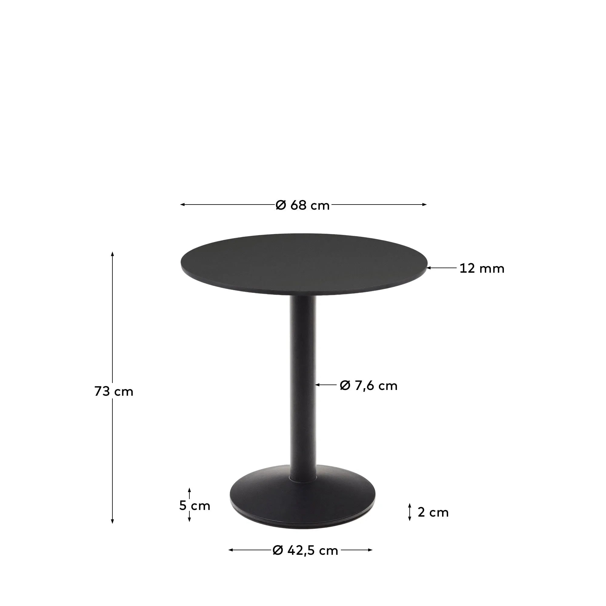 Eleganter runder Outdoor-Tisch Esilda in Schwarz, Ø 70 cm, mit stabilem Metallbein, perfekt für moderne Außenbereiche.